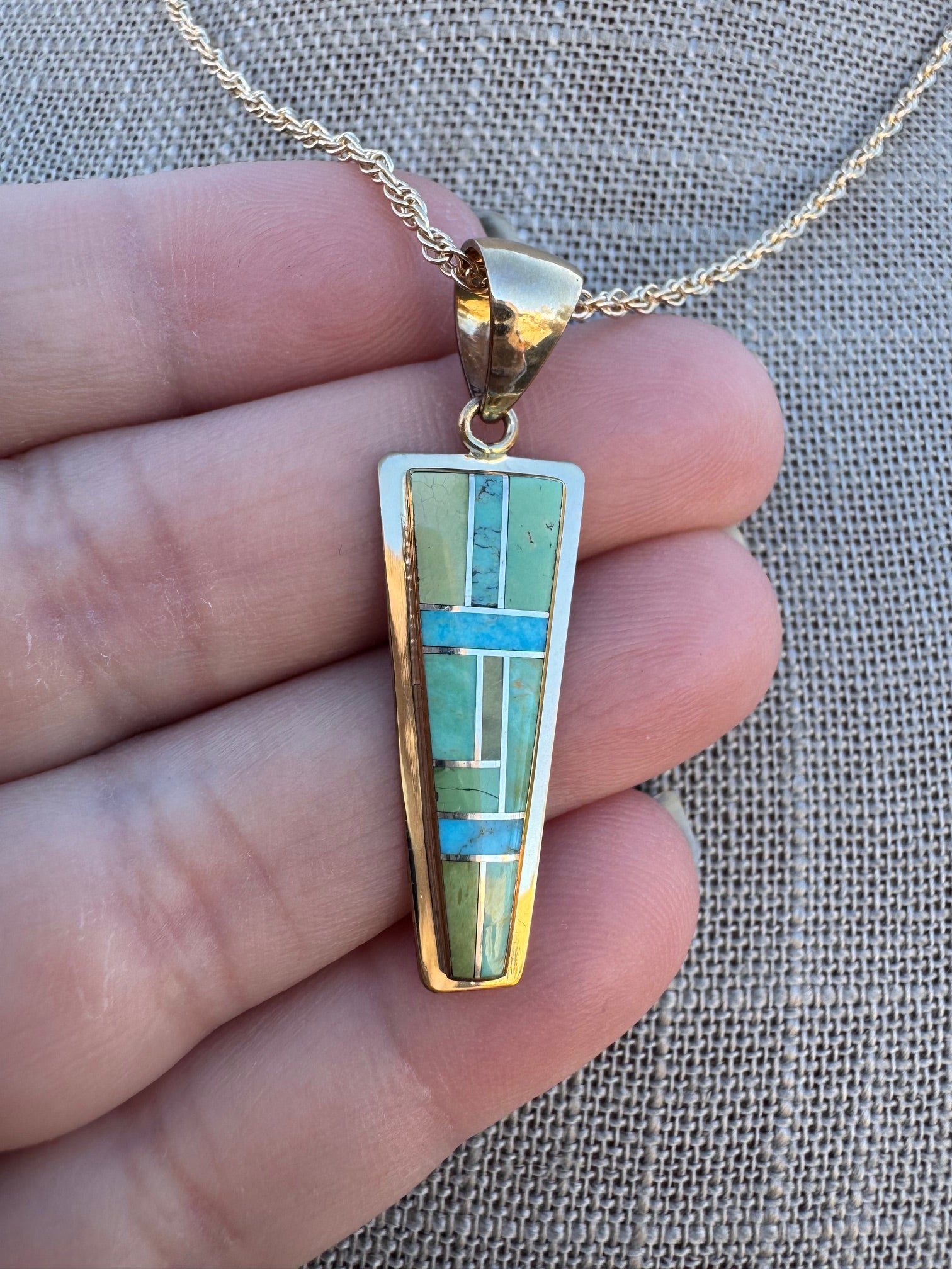 Handmade Gold Filled Over Sterling Silver & Sonoran Mountain Turquoise Inlay Pendant Necklace