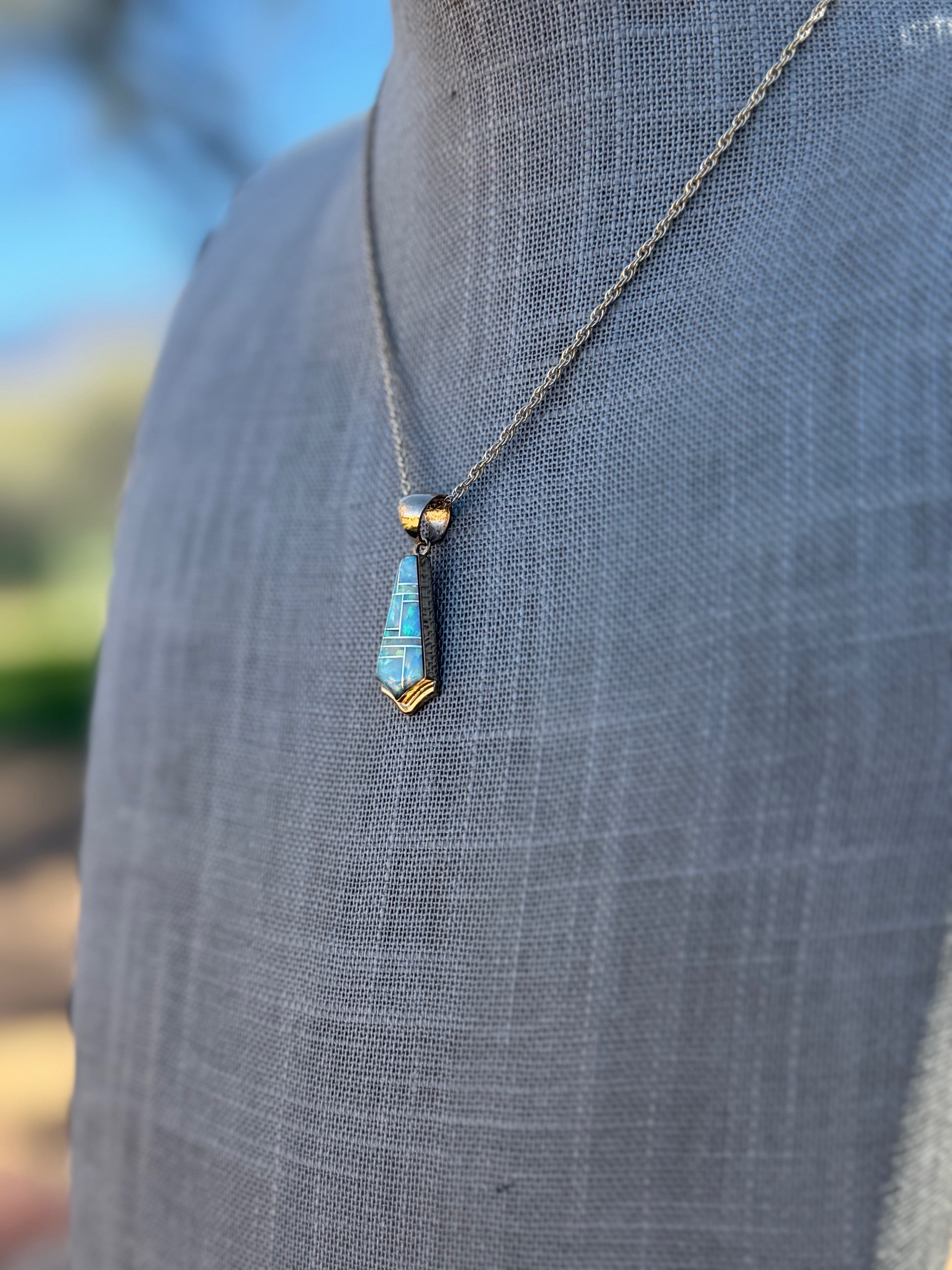 Handmade Gold Filled Over Sterling Silver & Opal Inlay Pendant Necklace