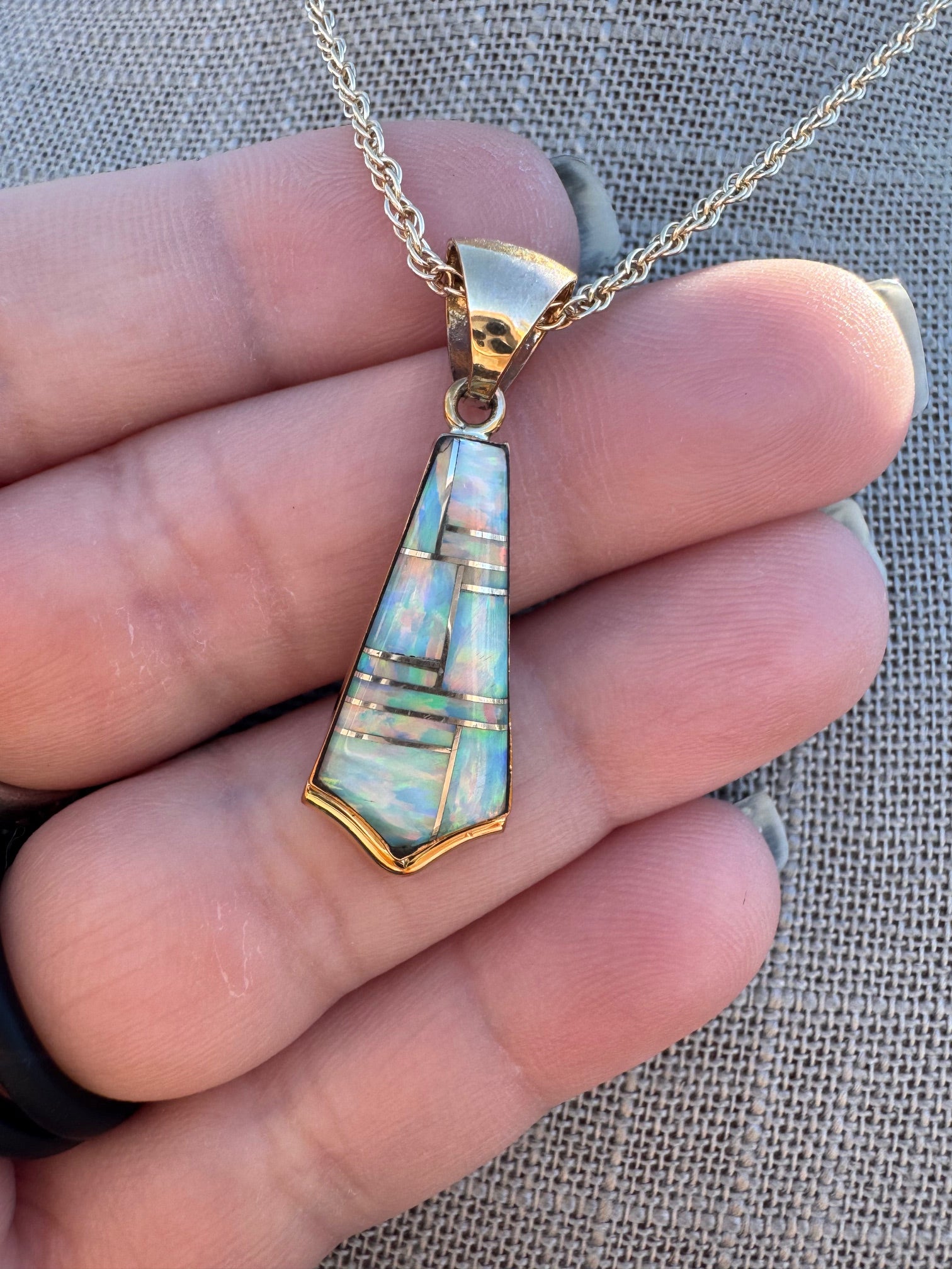 Handmade Gold Filled Over Sterling Silver & Opal Inlay Pendant Necklace