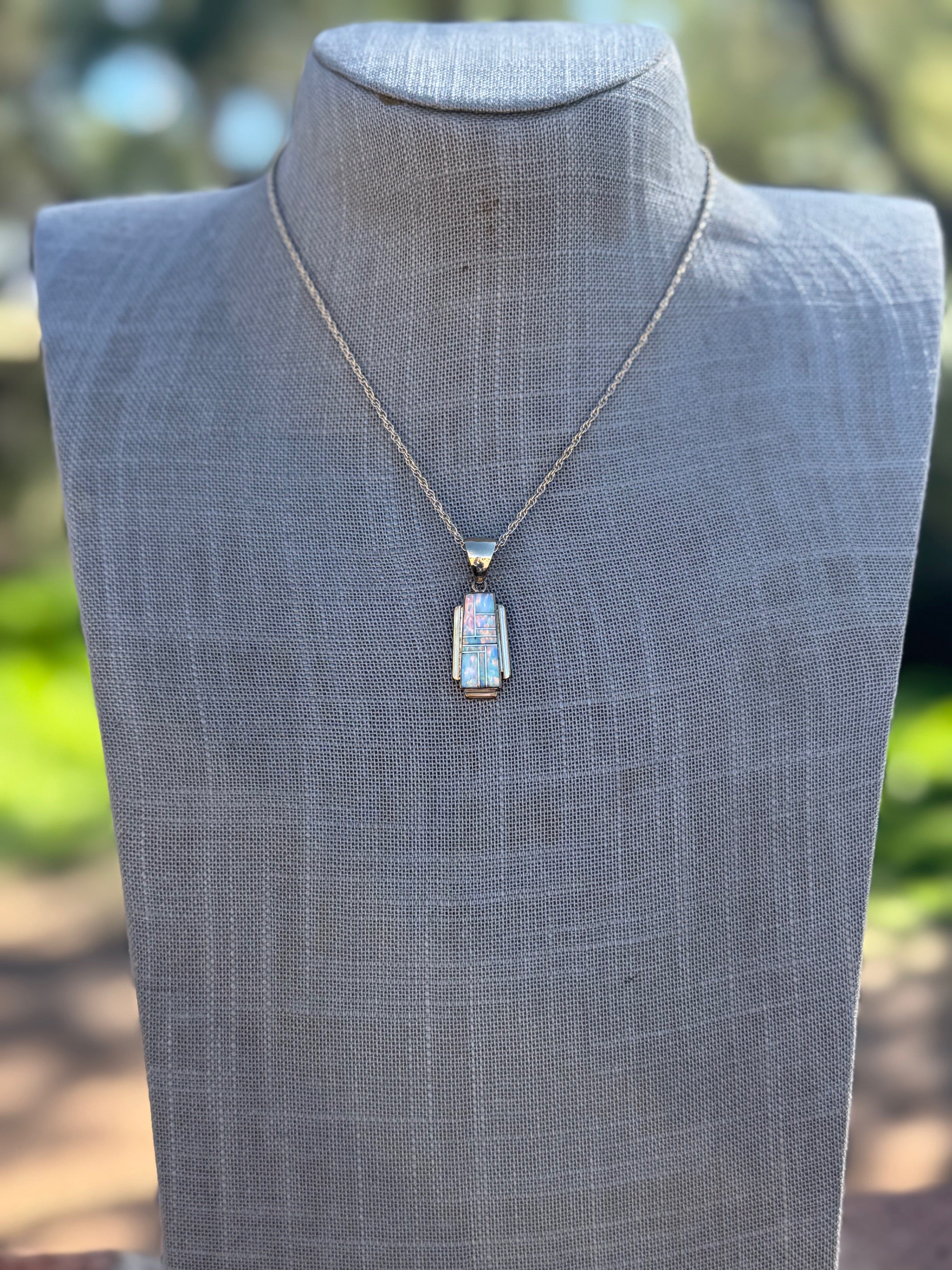 Handmade Gold Filled Over Sterling Silver & Opal Inlay Pendant Necklace 16"