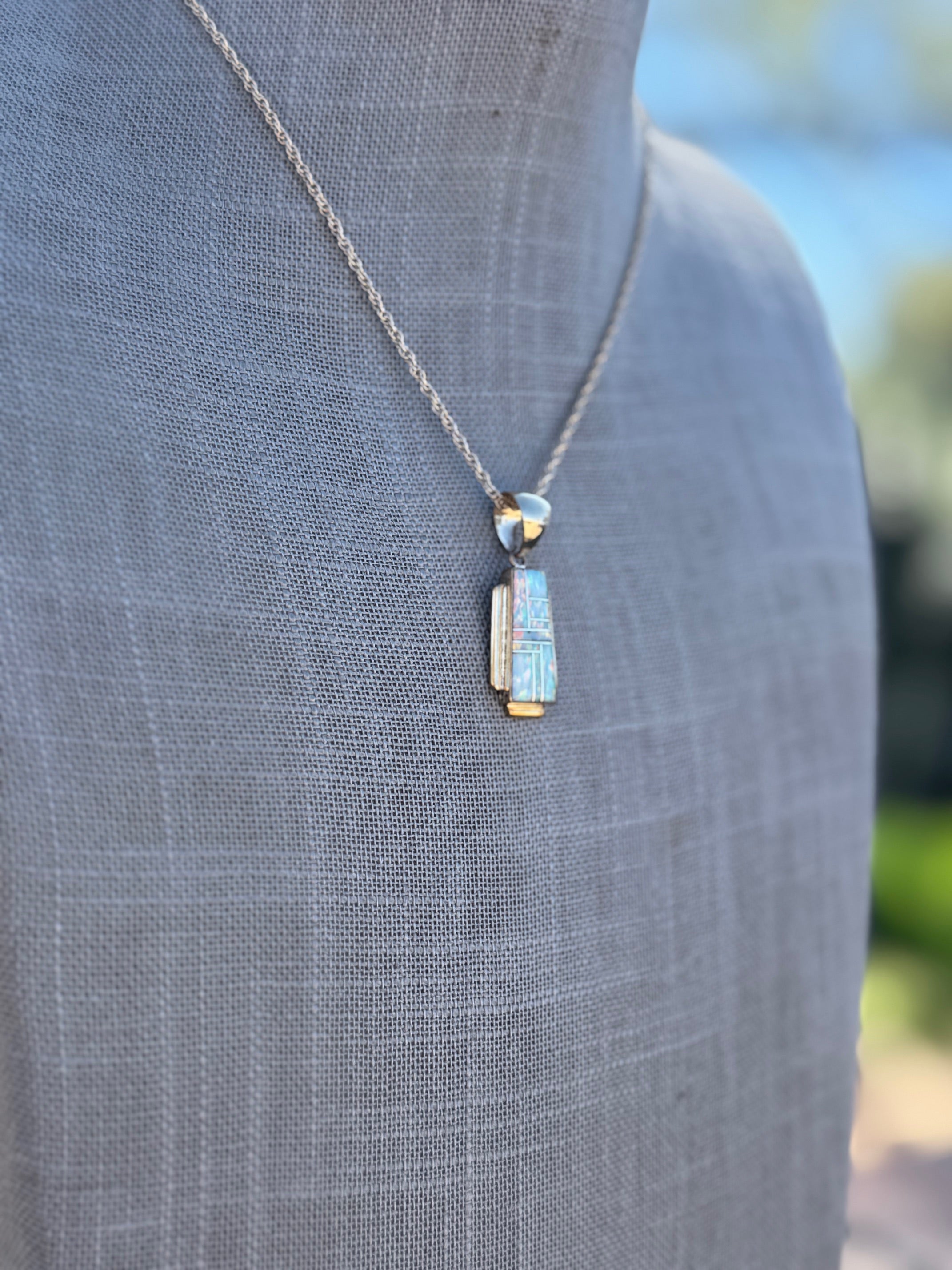 Handmade Gold Filled Over Sterling Silver & Opal Inlay Pendant Necklace 16"