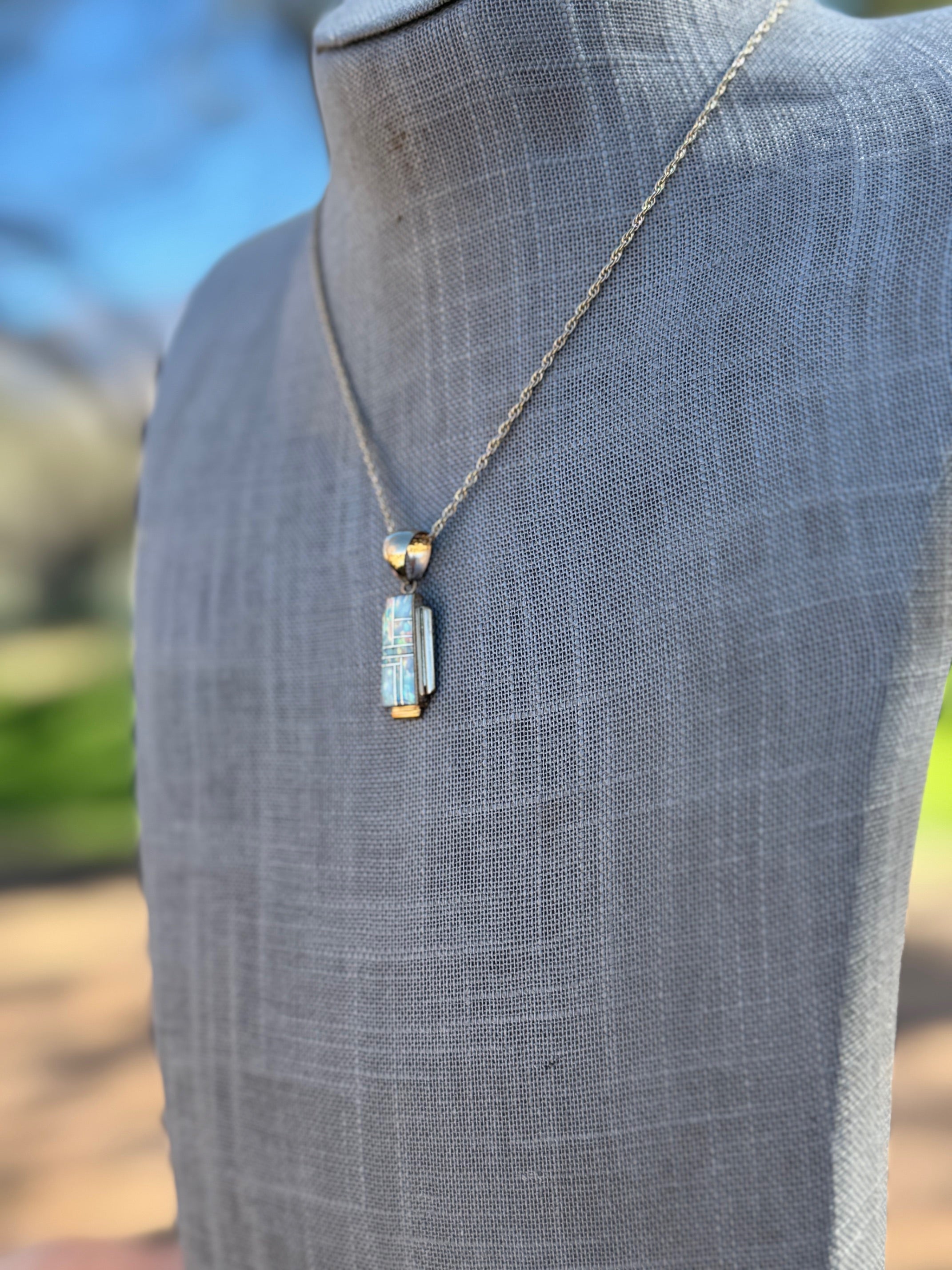 Handmade Gold Filled Over Sterling Silver & Opal Inlay Pendant Necklace 16"