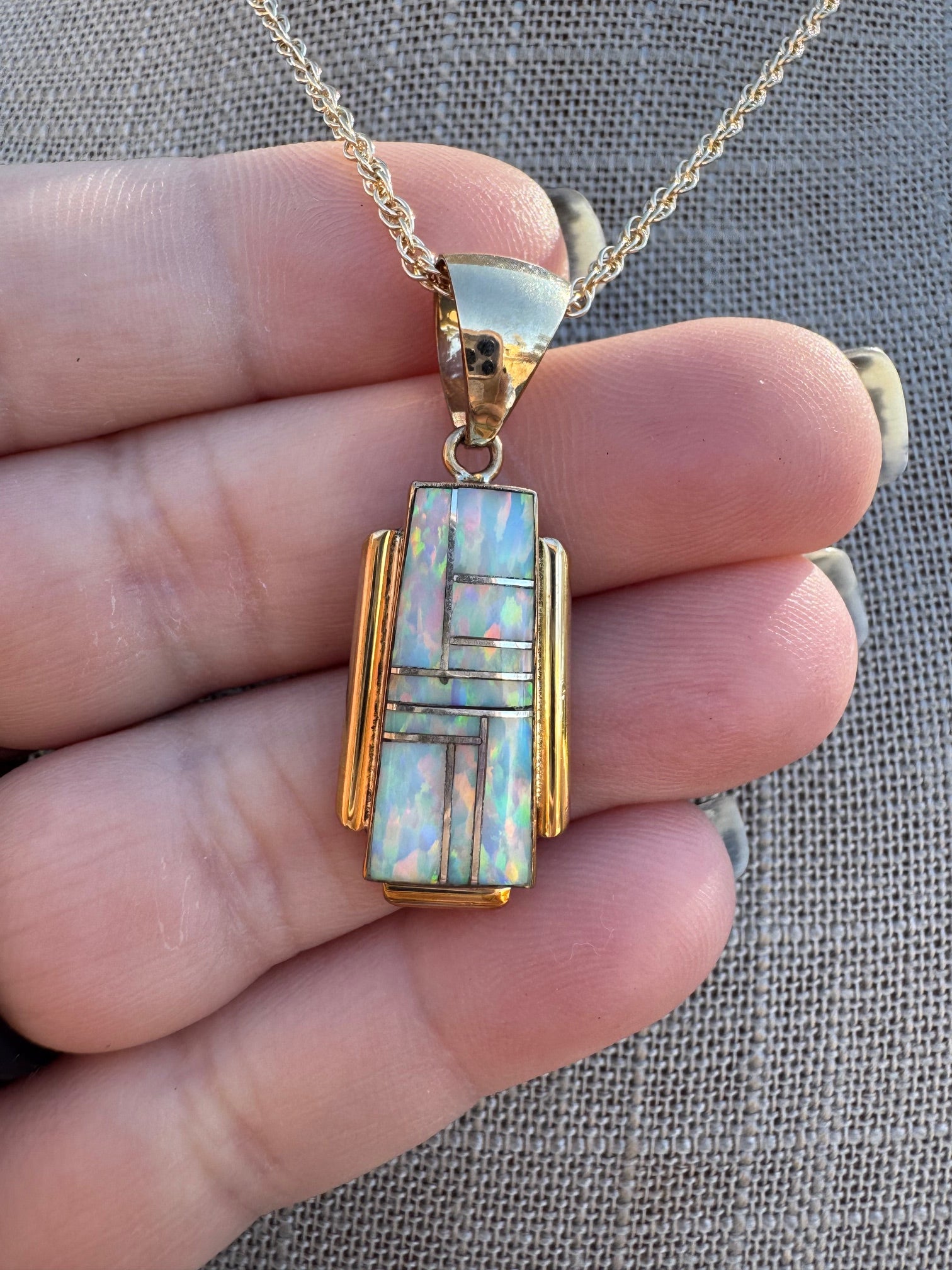 Handmade Gold Filled Over Sterling Silver & Opal Inlay Pendant Necklace 16"