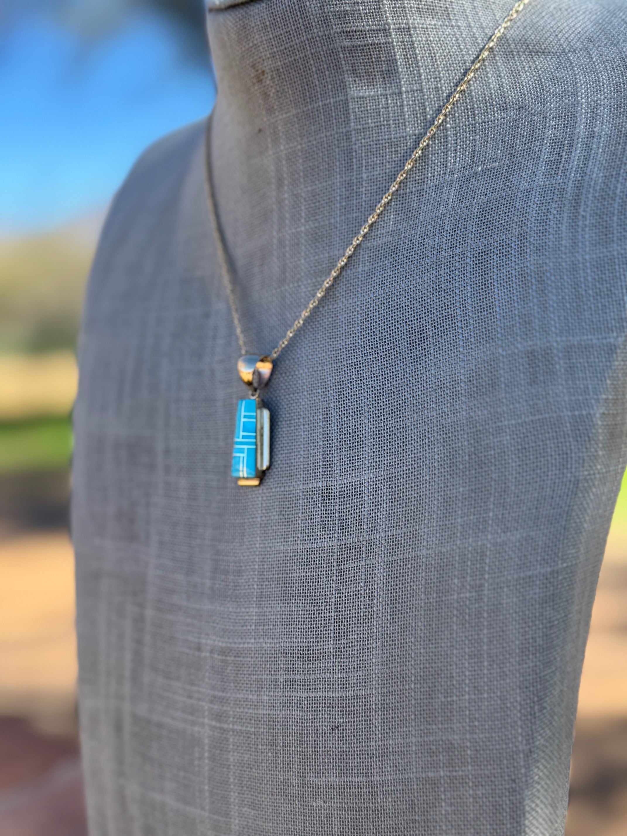 Handmade Gold Filled Over Sterling Silver & Turquoise Inlay Pendant Necklace