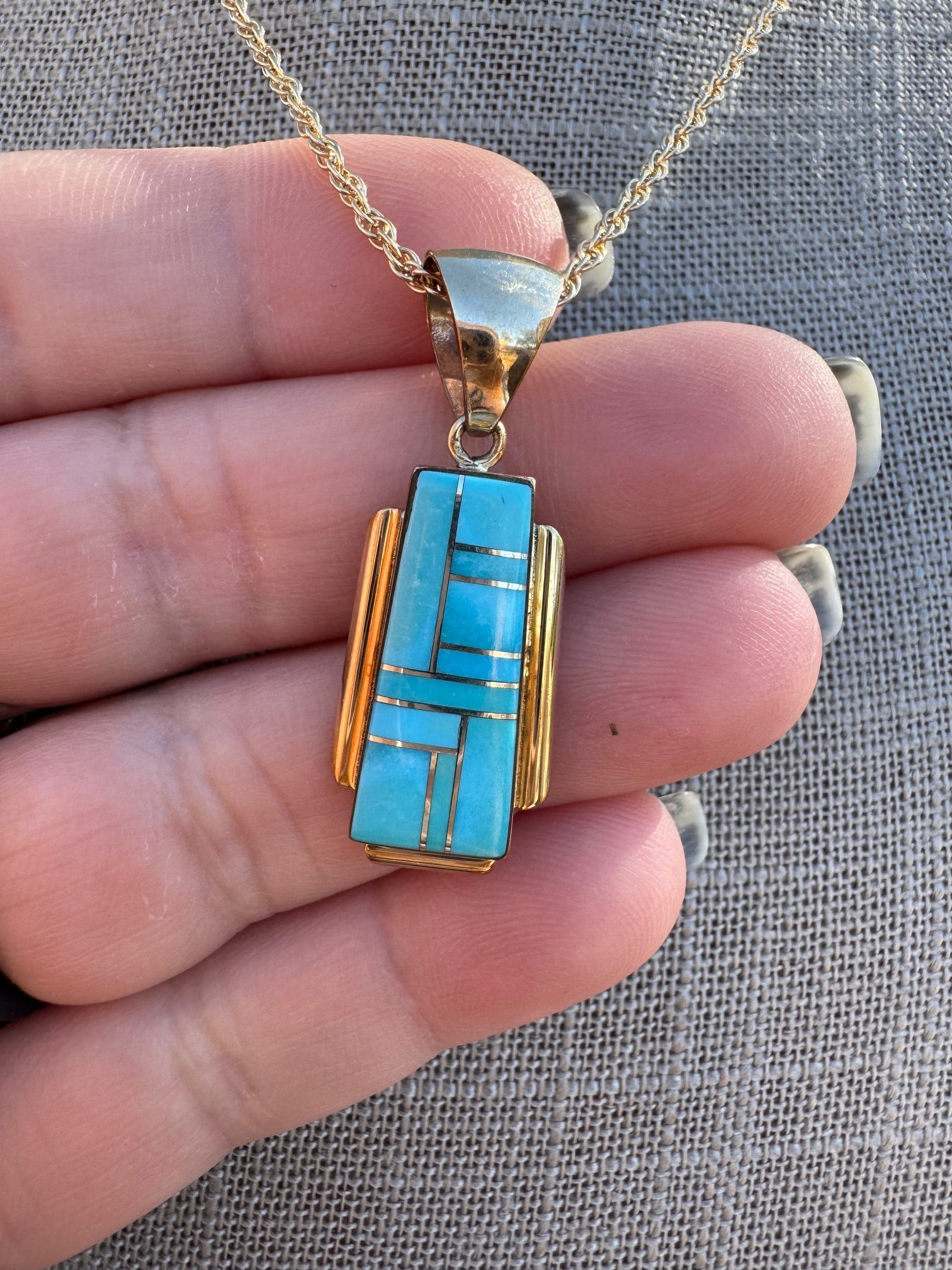 Handmade Gold Filled Over Sterling Silver & Turquoise Inlay Pendant Necklace