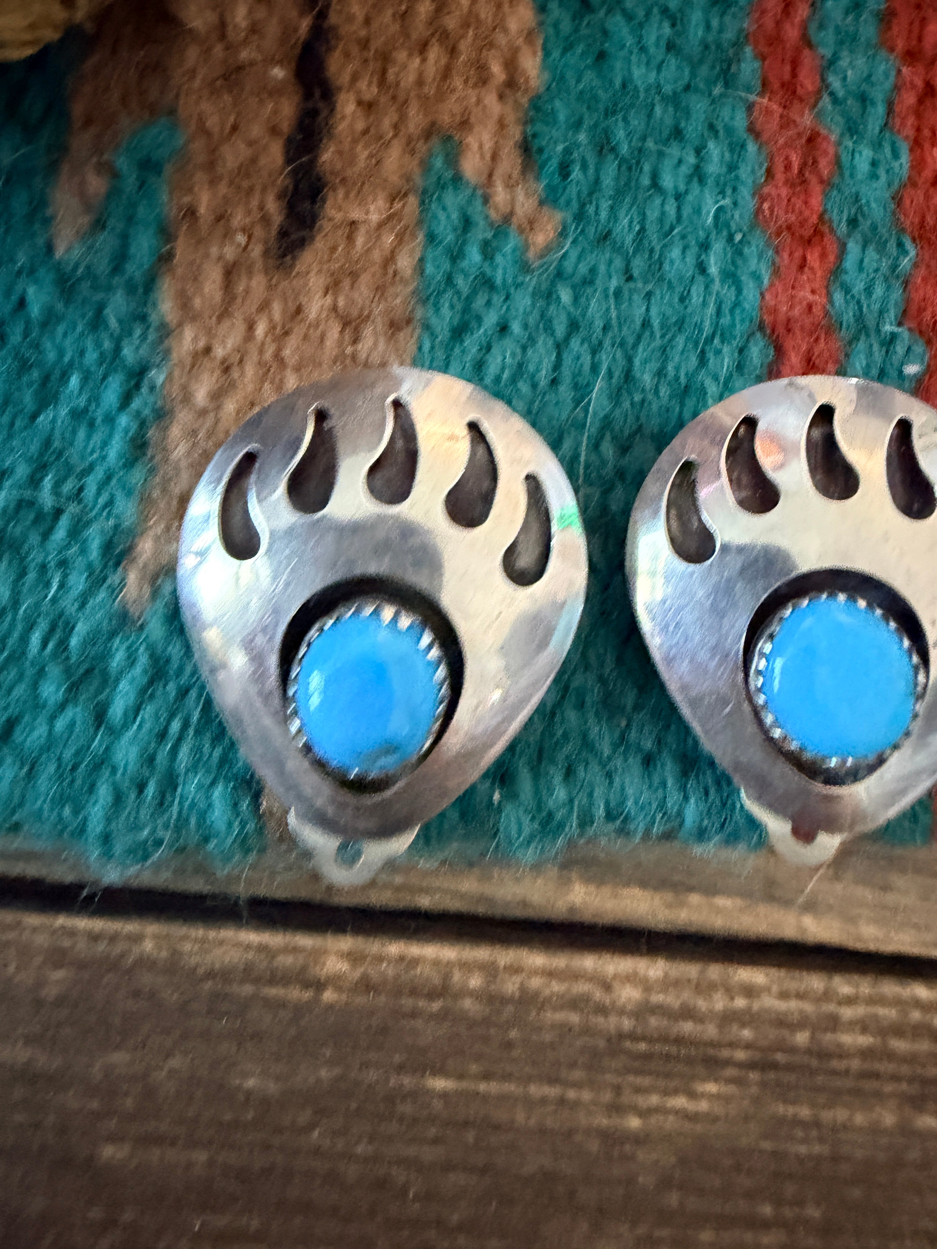 Old Pawn Handcrafted Sterling Silver & Turquoise Bear Paw Clip On Earrings