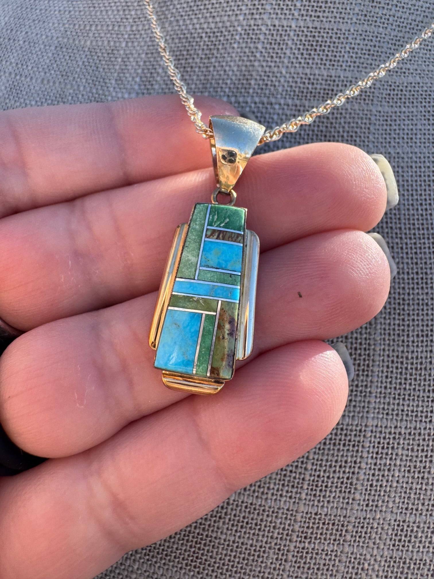 Handmade Gold Filled Over Sterling Silver & Sonoran Mountain Turquoise Inlay Pendant Necklace (Copy)