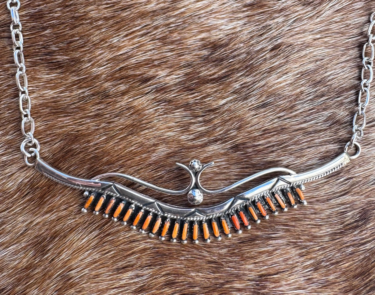Handmade Sterling Silver & Orange Spiny Needlepoint Necklace Set