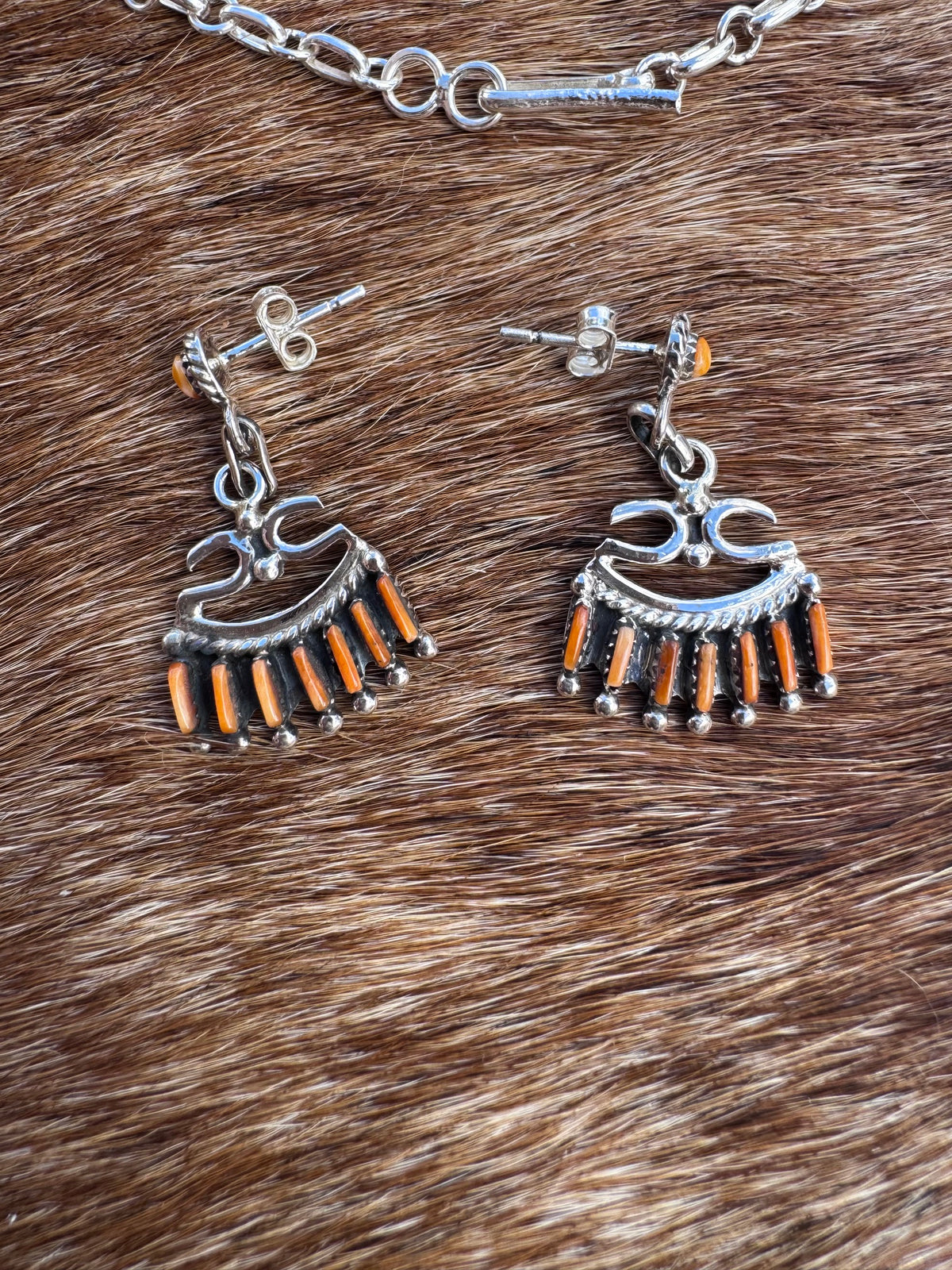Handmade Sterling Silver & Orange Spiny Needlepoint Necklace Set