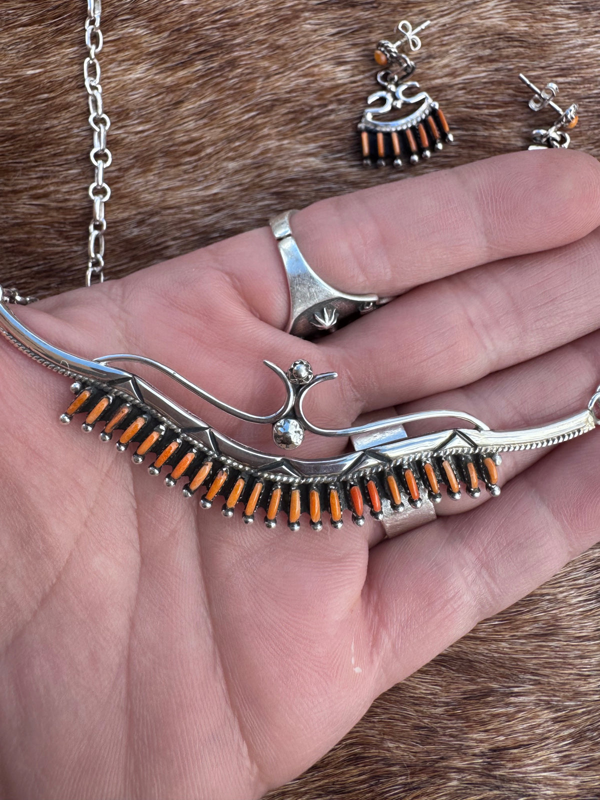 Handmade Sterling Silver & Orange Spiny Needlepoint Necklace Set