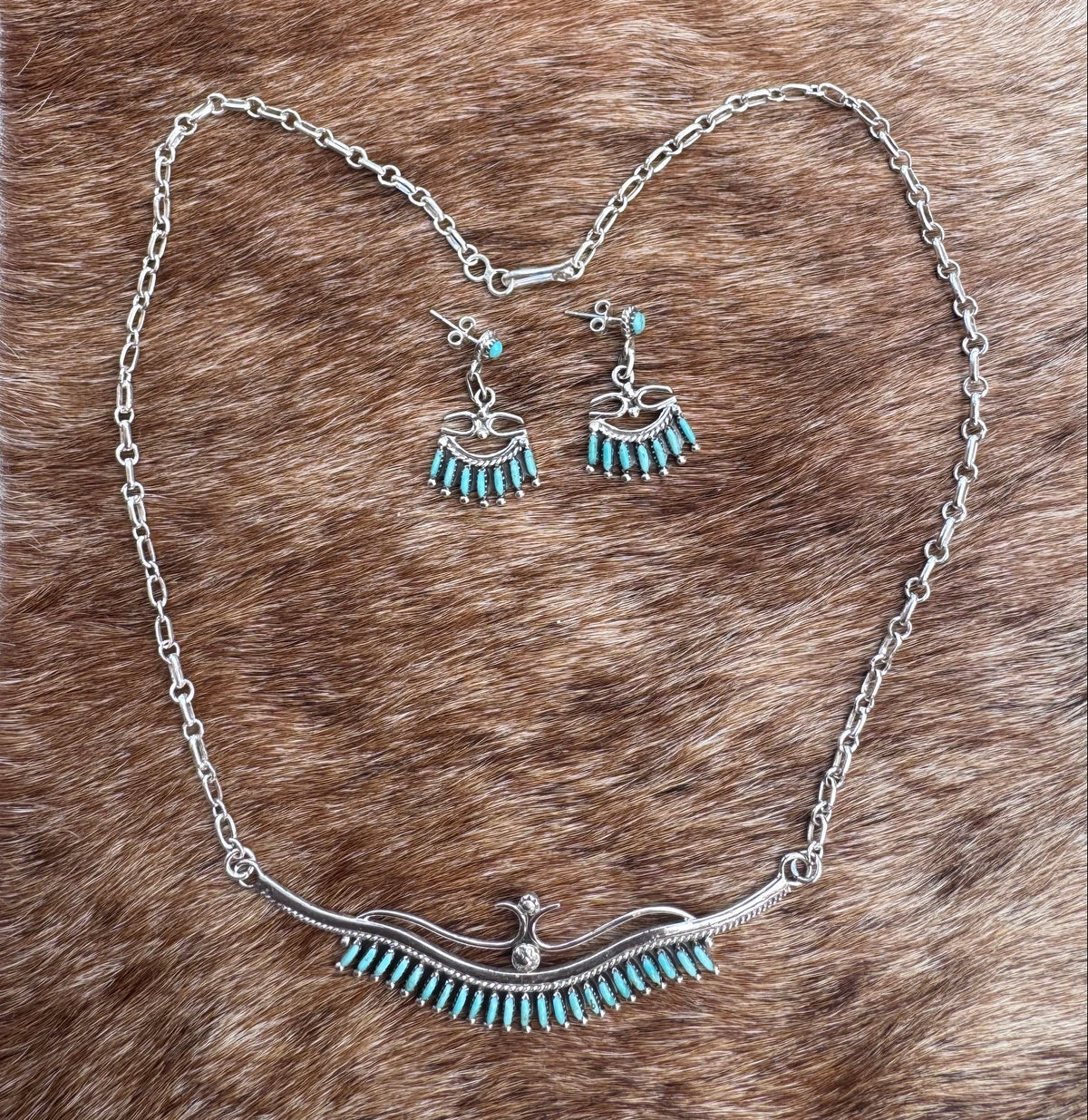Handmade Sterling Silver & Turquoise Needlepoint Necklace Set