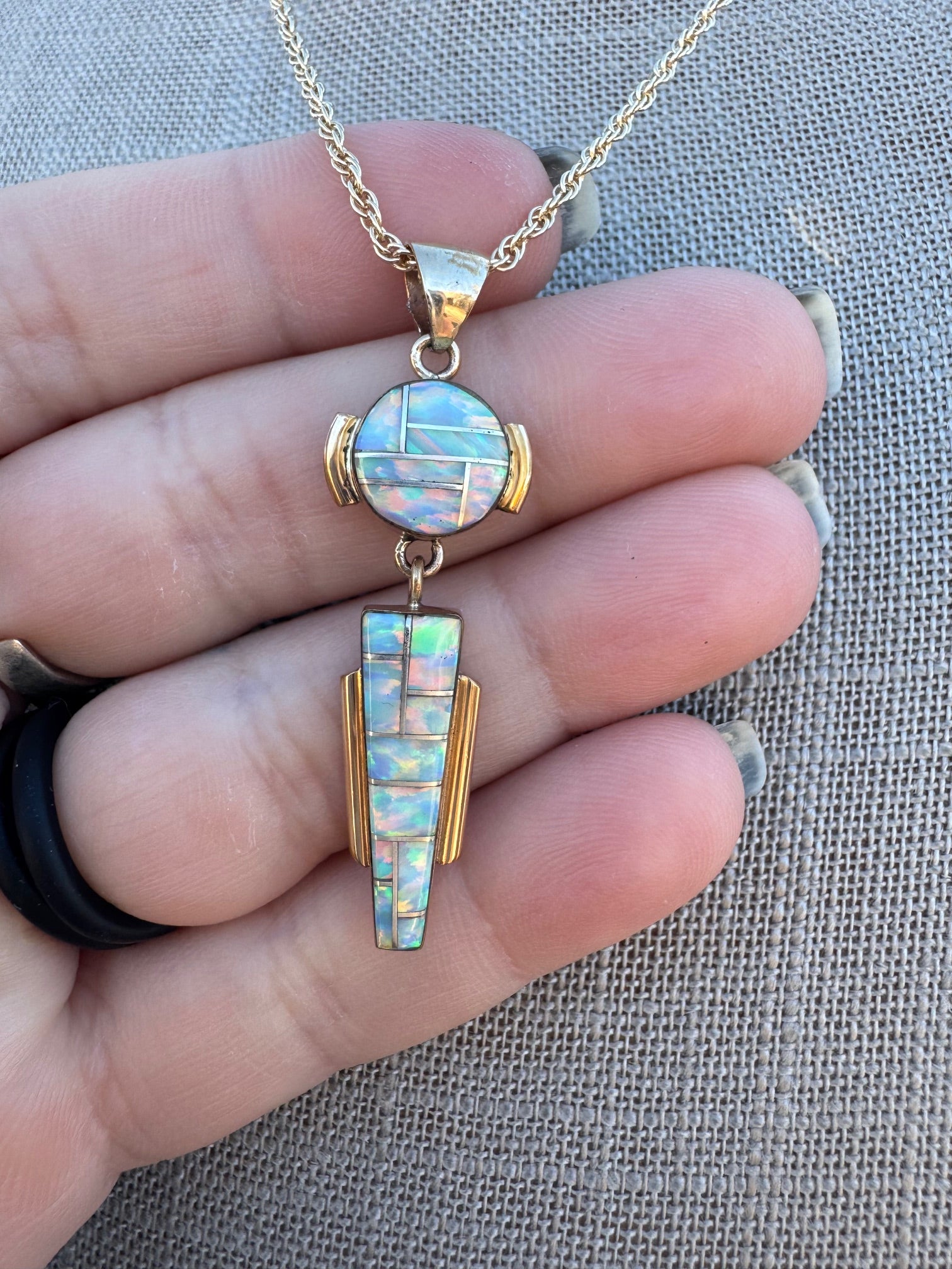 Handmade Gold Filled Over Sterling Silver & Opal Inlay Pendant Necklace 18"