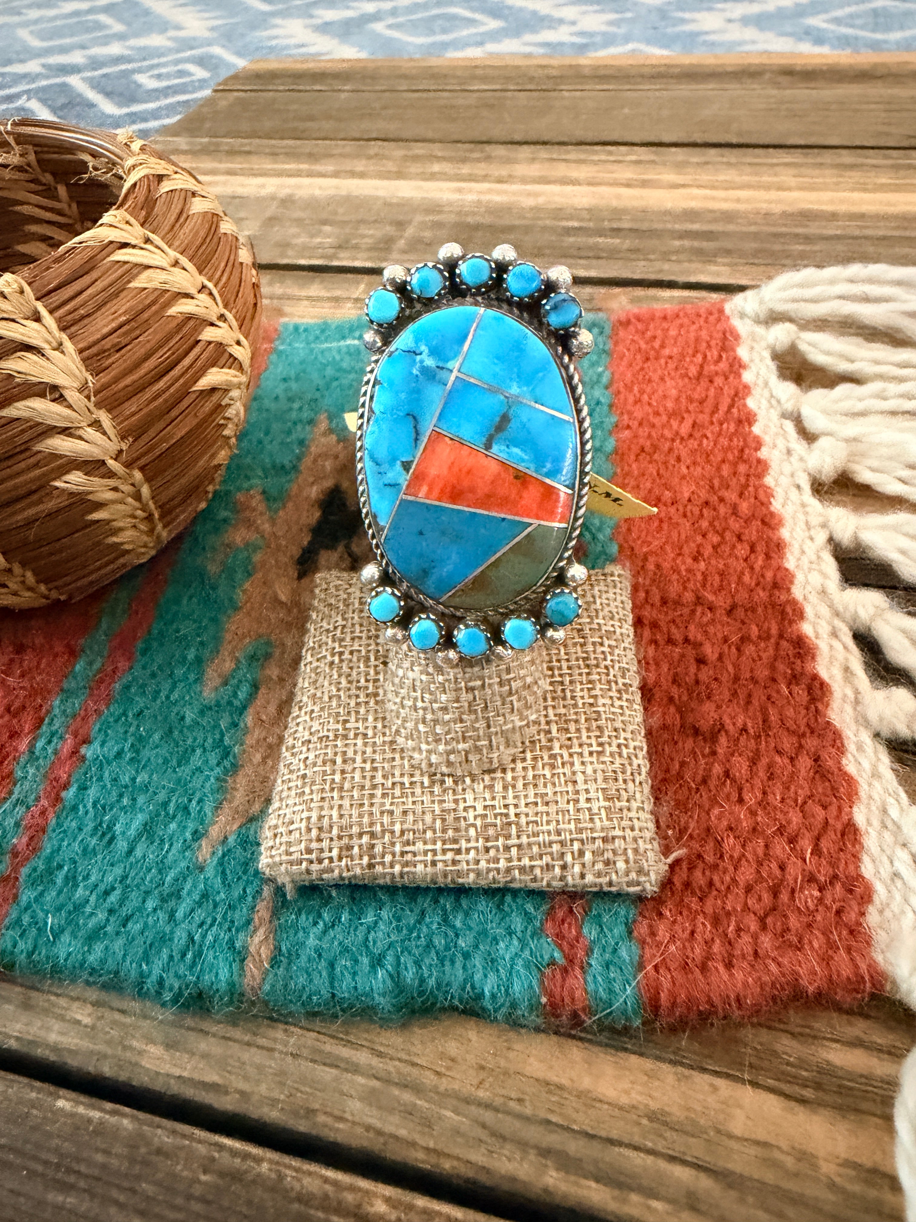 Old Pawn Handcrafted Turquoise, Spiny Oyster & Sterling Silver Ring Size 8.5