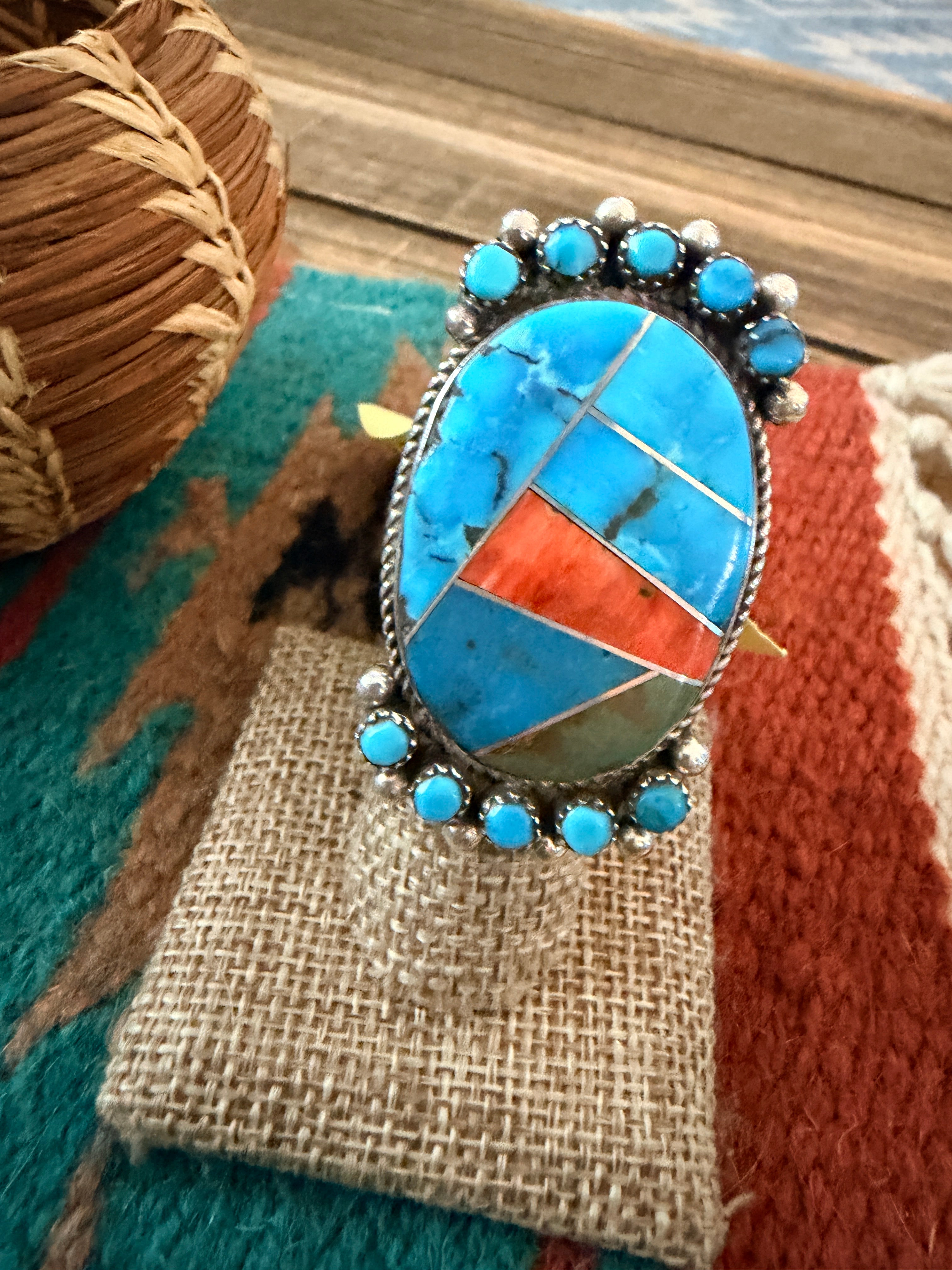 Old Pawn Handcrafted Turquoise, Spiny Oyster & Sterling Silver Ring Size 8.5