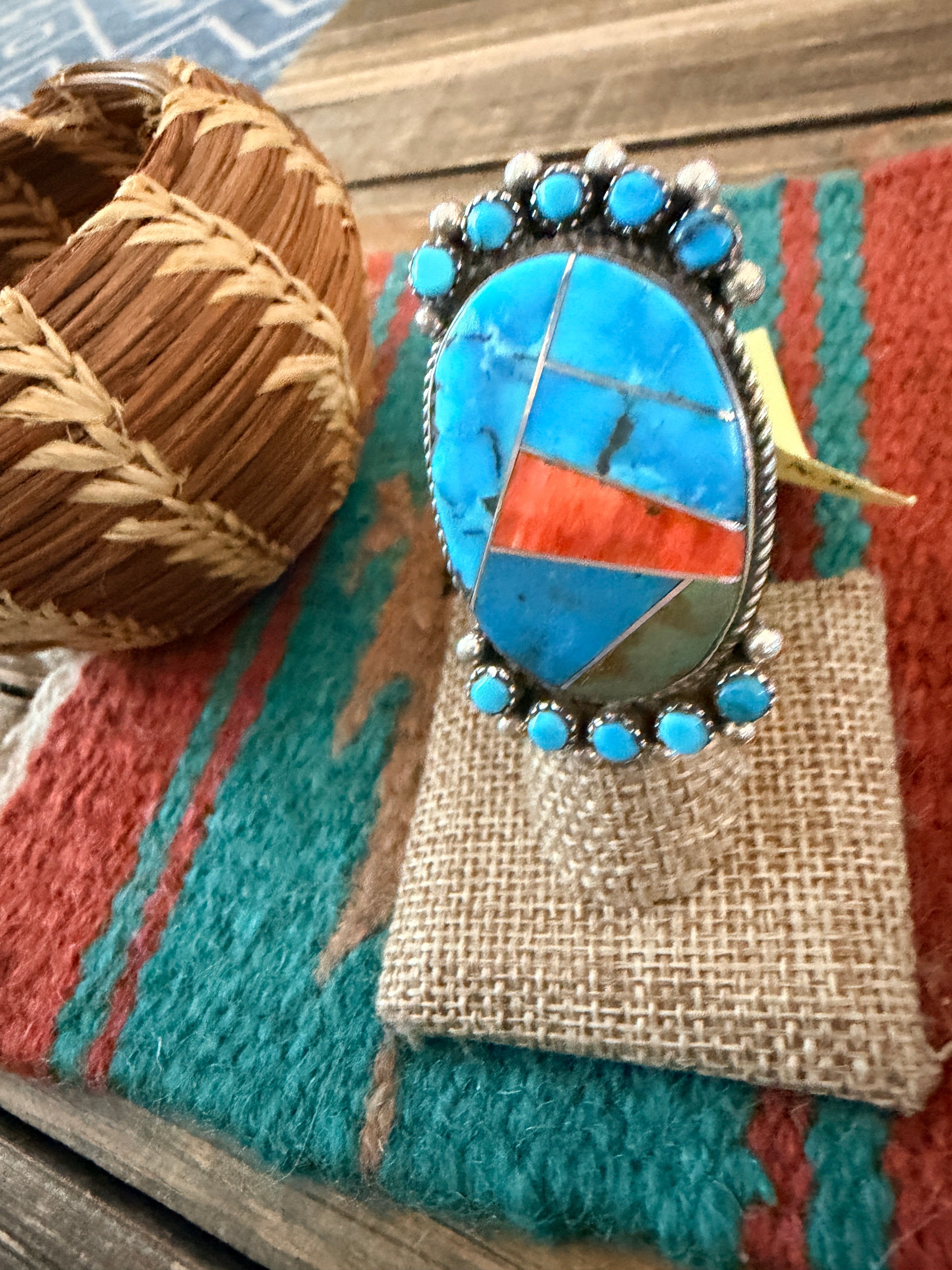 Old Pawn Handcrafted Turquoise, Spiny Oyster & Sterling Silver Ring Size 8.5
