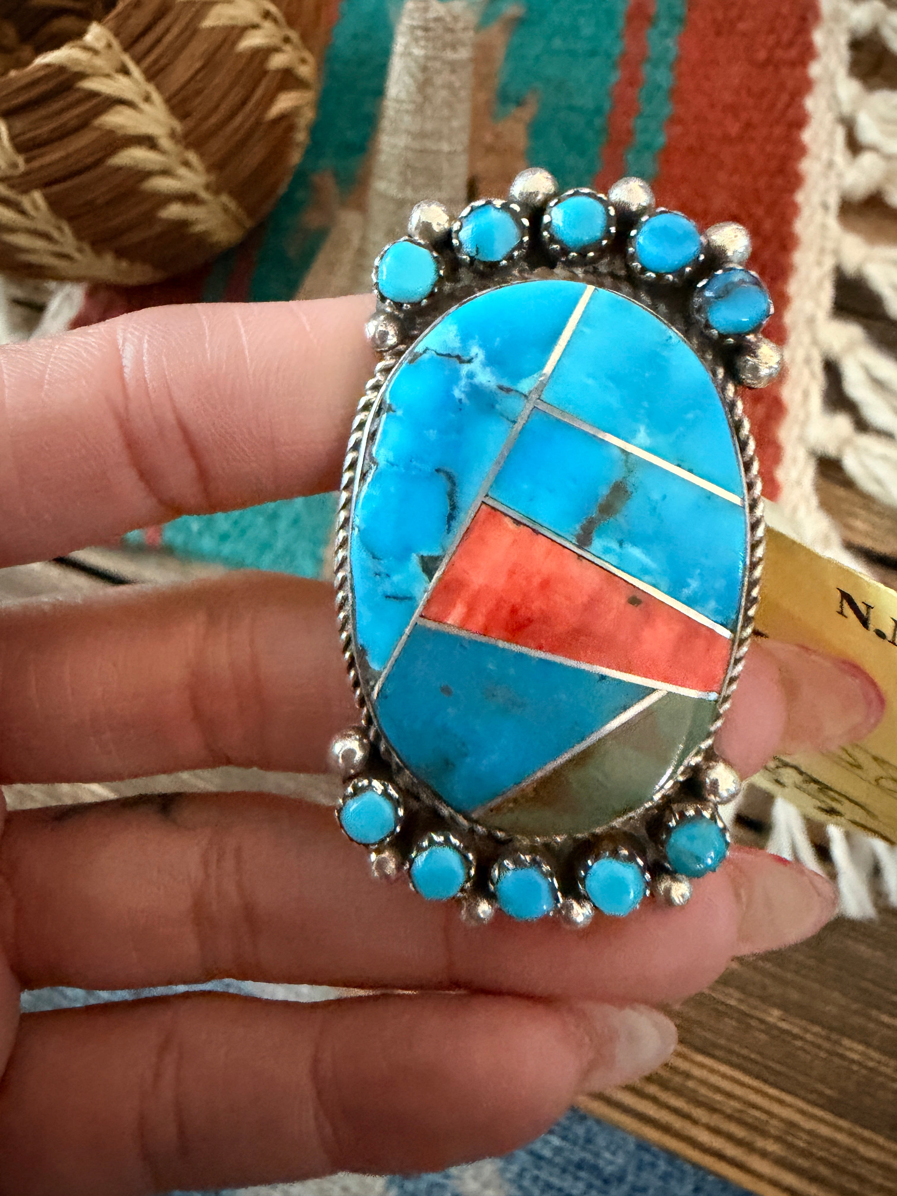 Old Pawn Handcrafted Turquoise, Spiny Oyster & Sterling Silver Ring Size 8.5