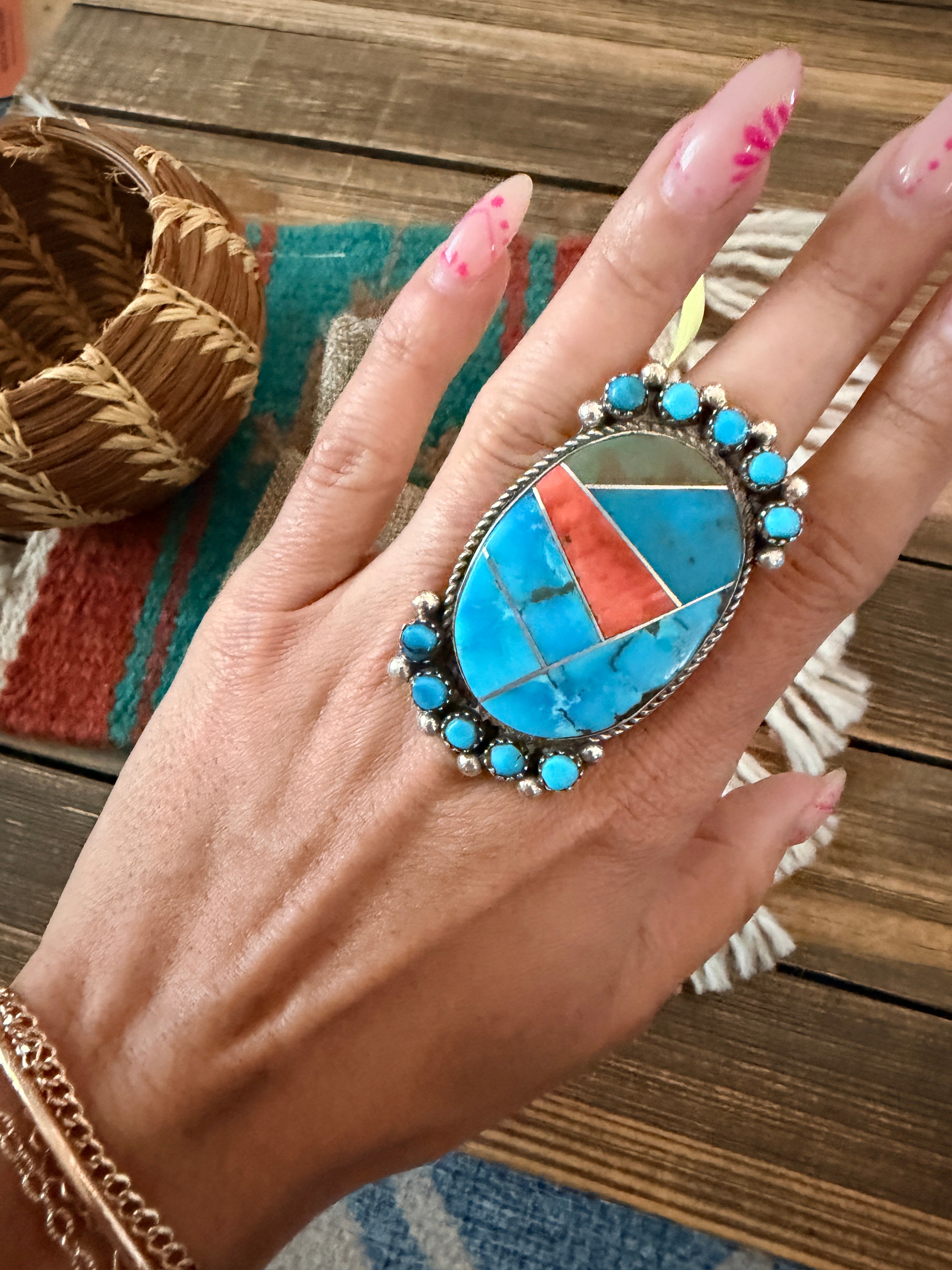 Old Pawn Handcrafted Turquoise, Spiny Oyster & Sterling Silver Ring Size 8.5