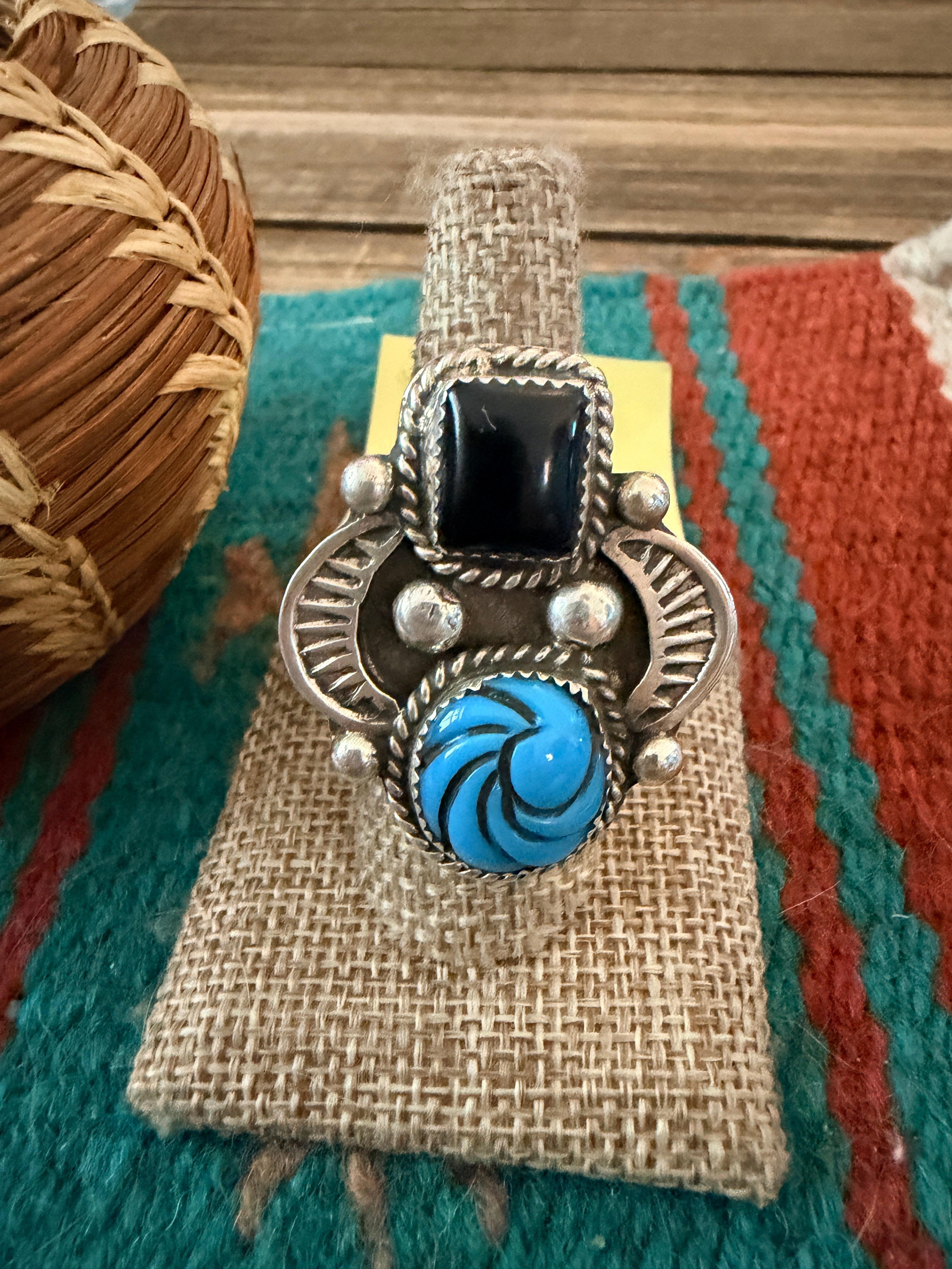 Old Pawn Handcrafted Turquoise, Onyx & Sterling Silve Adjustable Ring