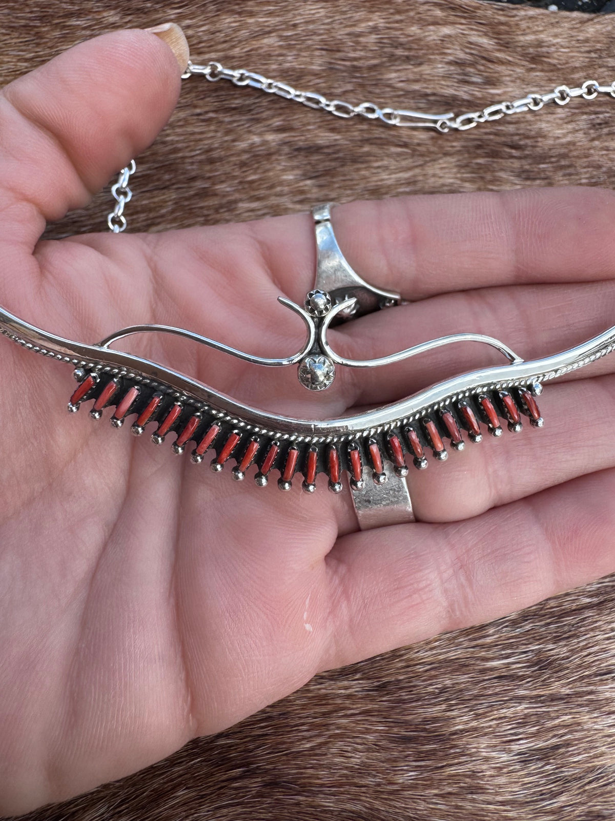 Handmade Sterling Silver & Red Spiny Needlepoint Necklace Set