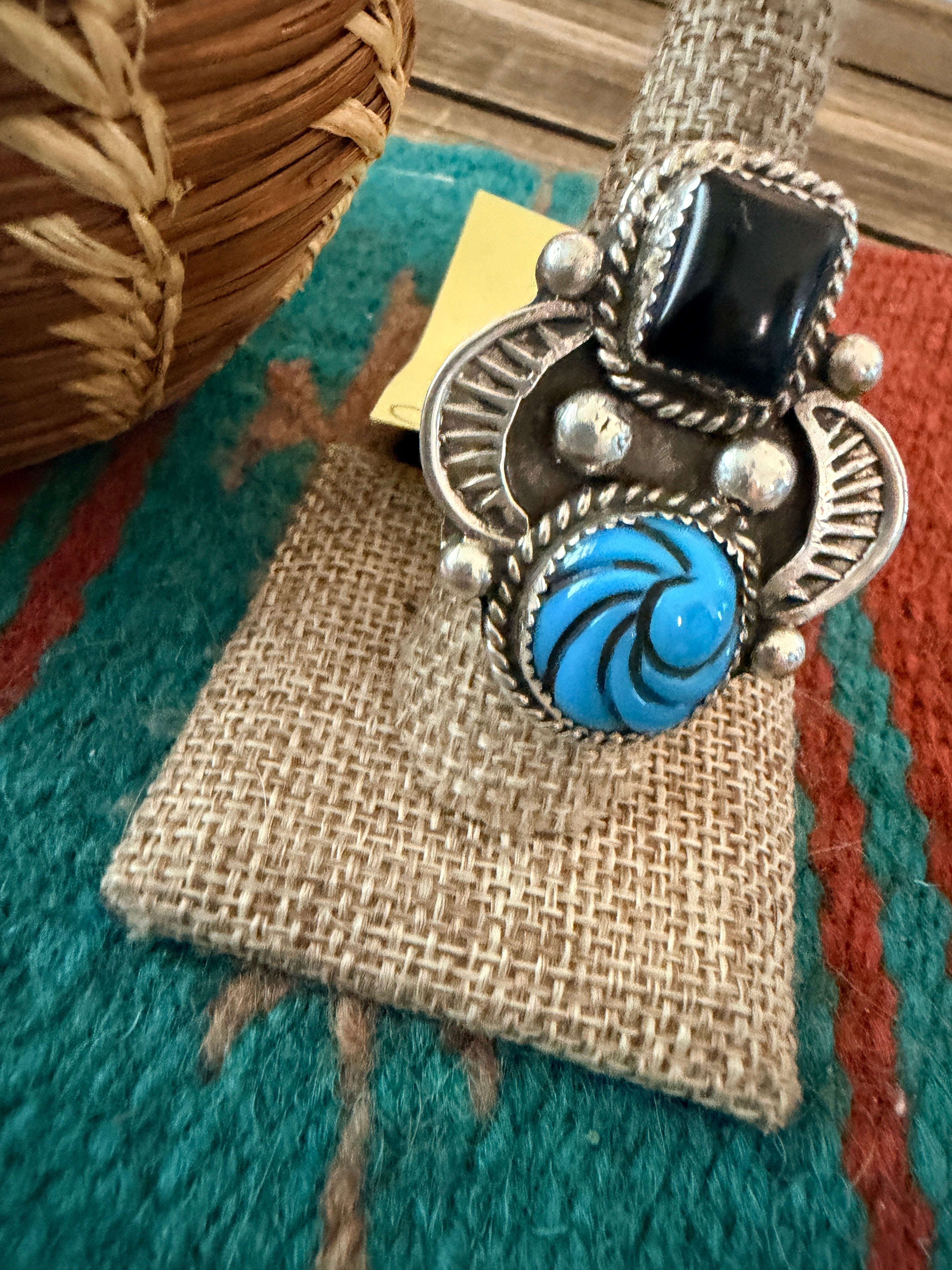 Old Pawn Handcrafted Turquoise, Onyx & Sterling Silve Adjustable Ring