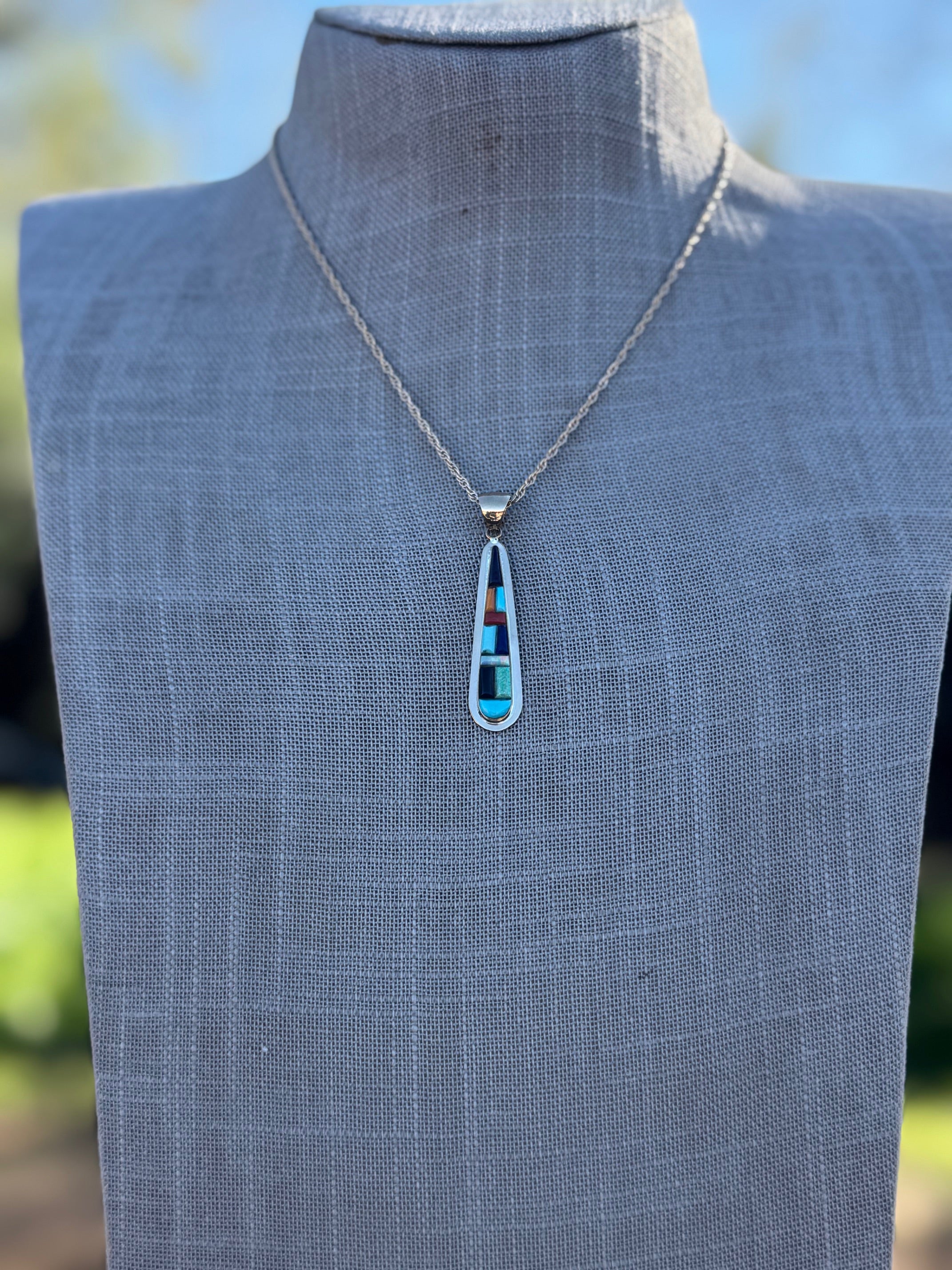 Handmade Gold Filled Over Sterling Silver & Multi Stone Inlay Pendant Necklace