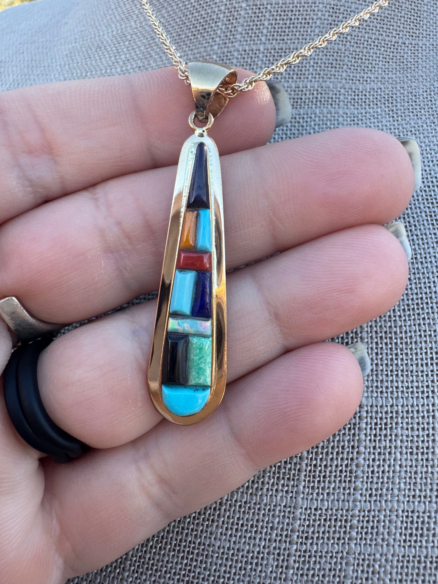 Handmade Gold Filled Over Sterling Silver & Multi Stone Inlay Pendant Necklace