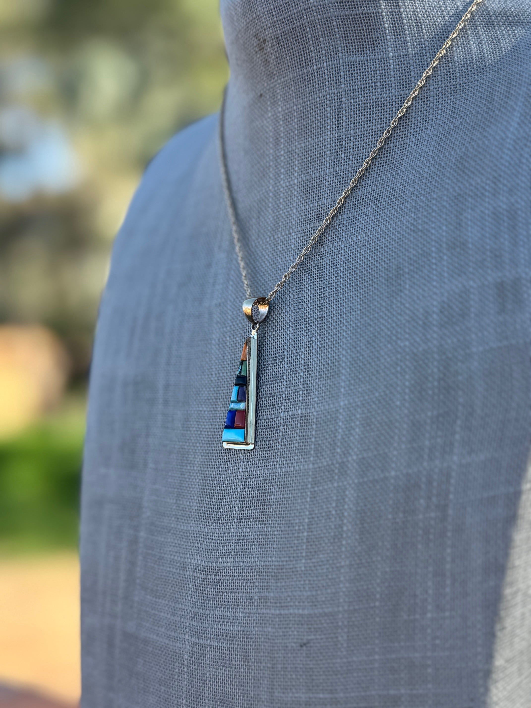 Handmade Gold Filled Over Sterling Silver & Multi Stone Inlay Pendant Necklace