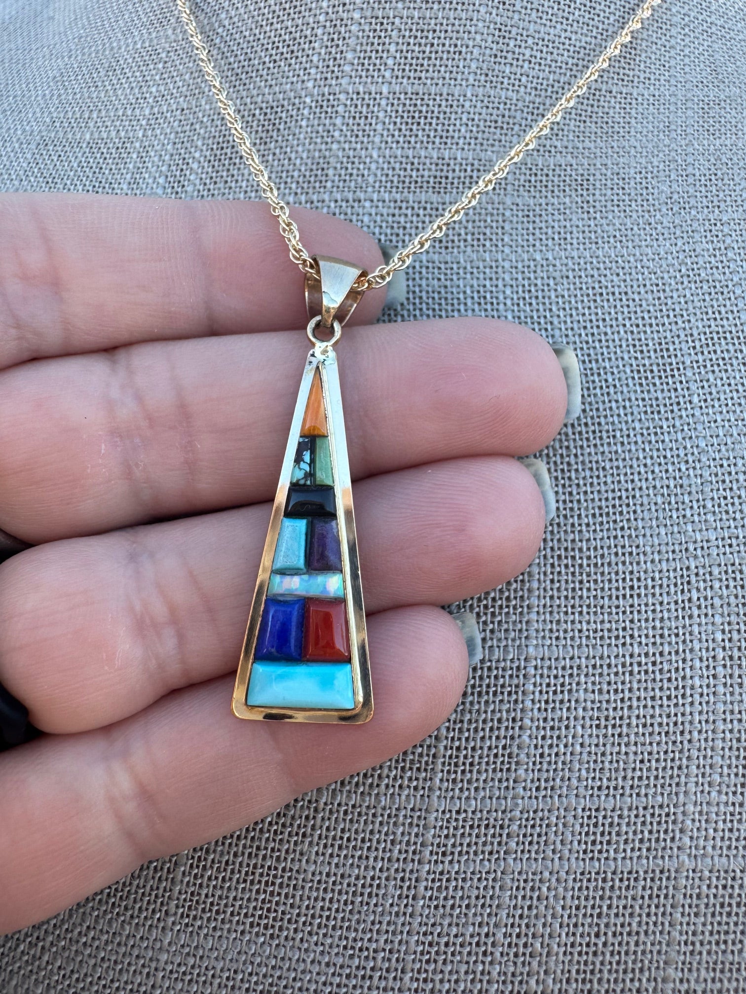 Handmade Gold Filled Over Sterling Silver & Multi Stone Inlay Pendant Necklace