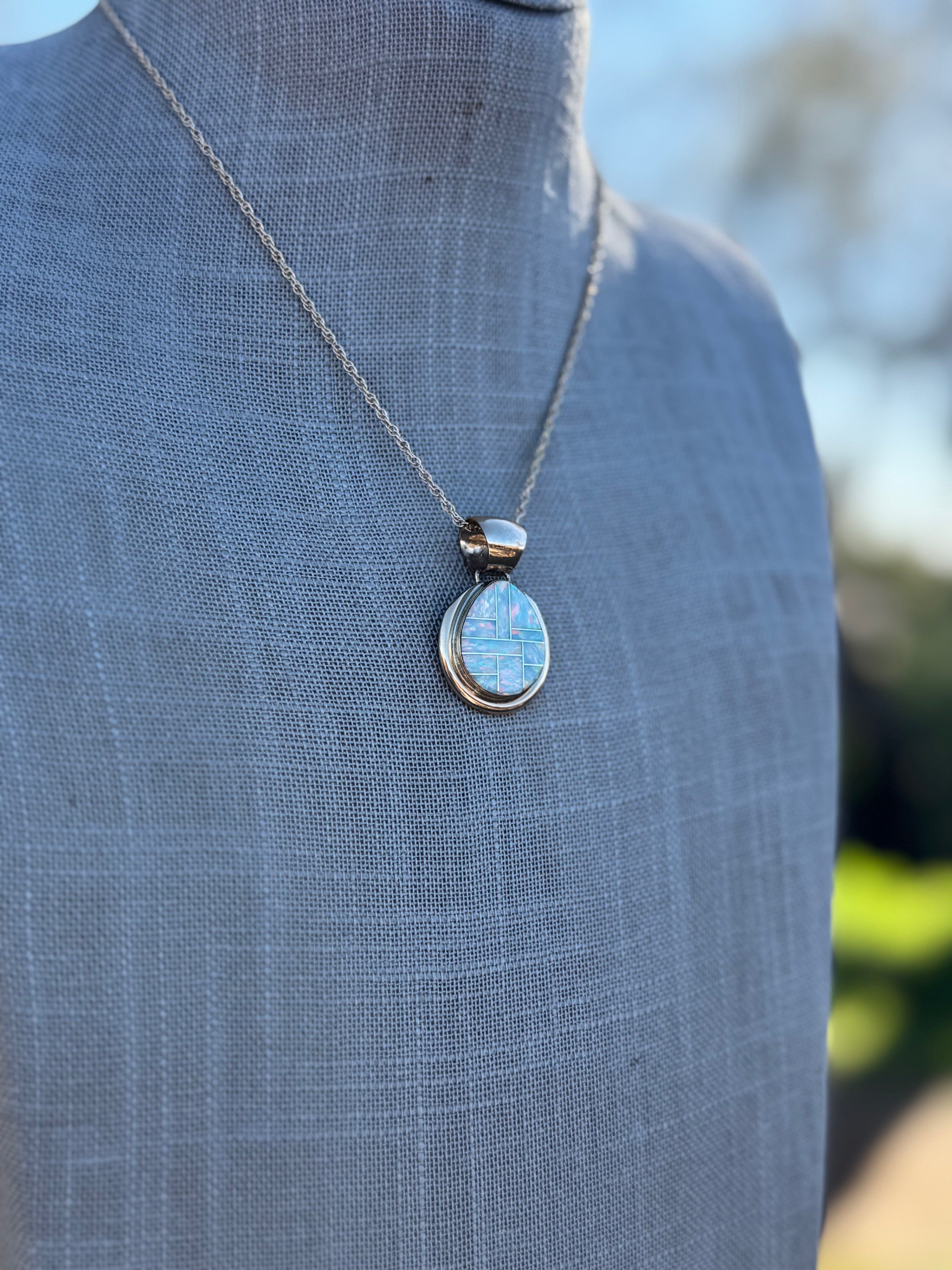 Handmade Gold Filled Over Sterling Silver & Opal Inlay Pendant Necklace