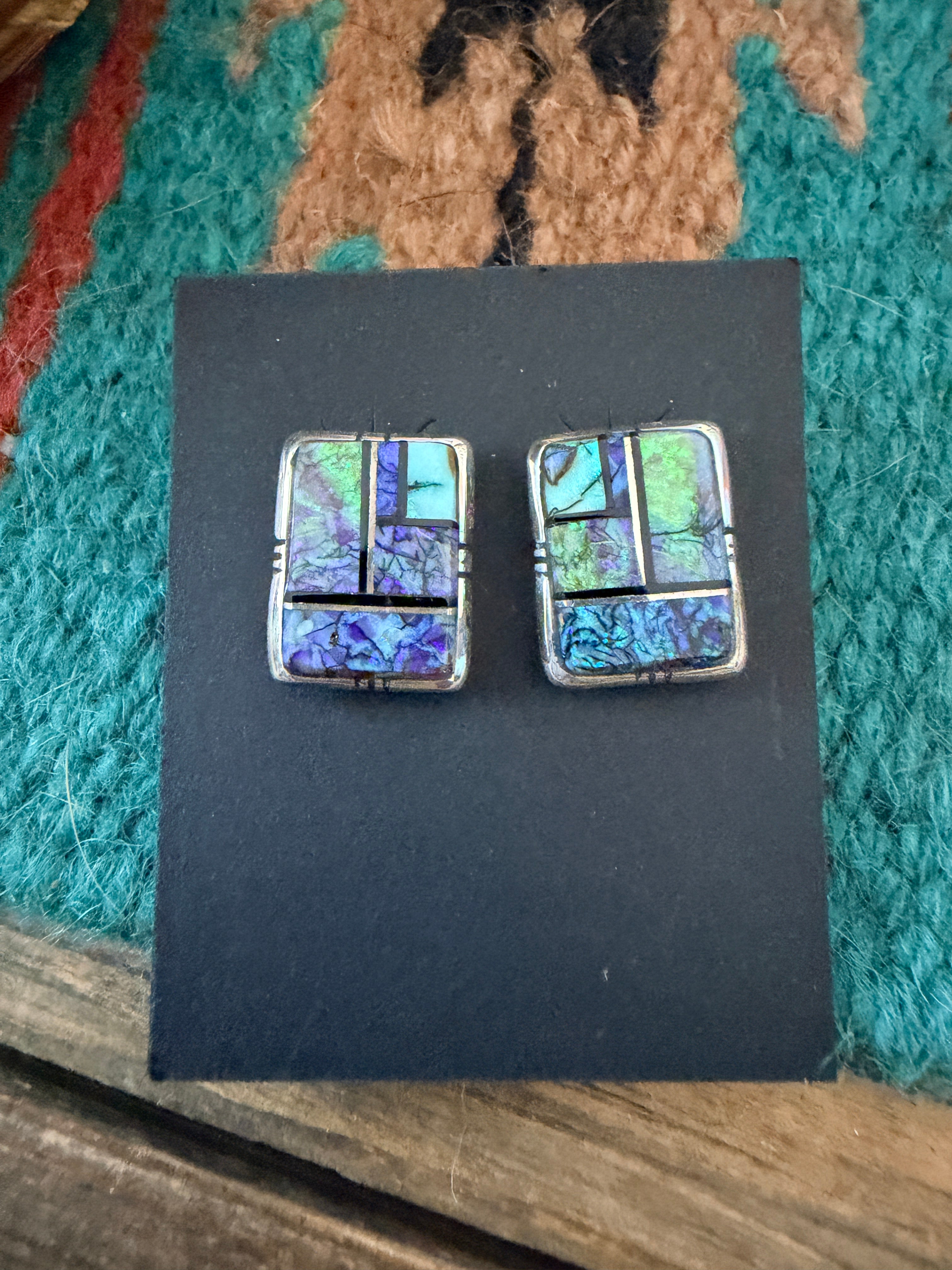 Handcrafted Opal & Sterling Silver Inlay Post Earrings