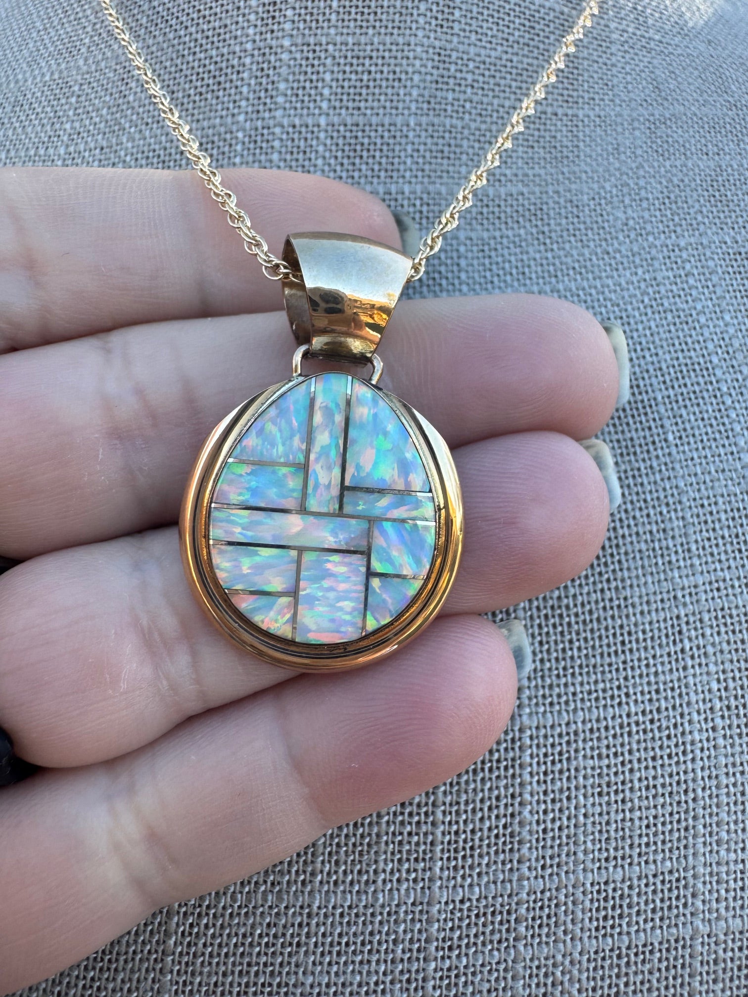 Handmade Gold Filled Over Sterling Silver & Opal Inlay Pendant Necklace