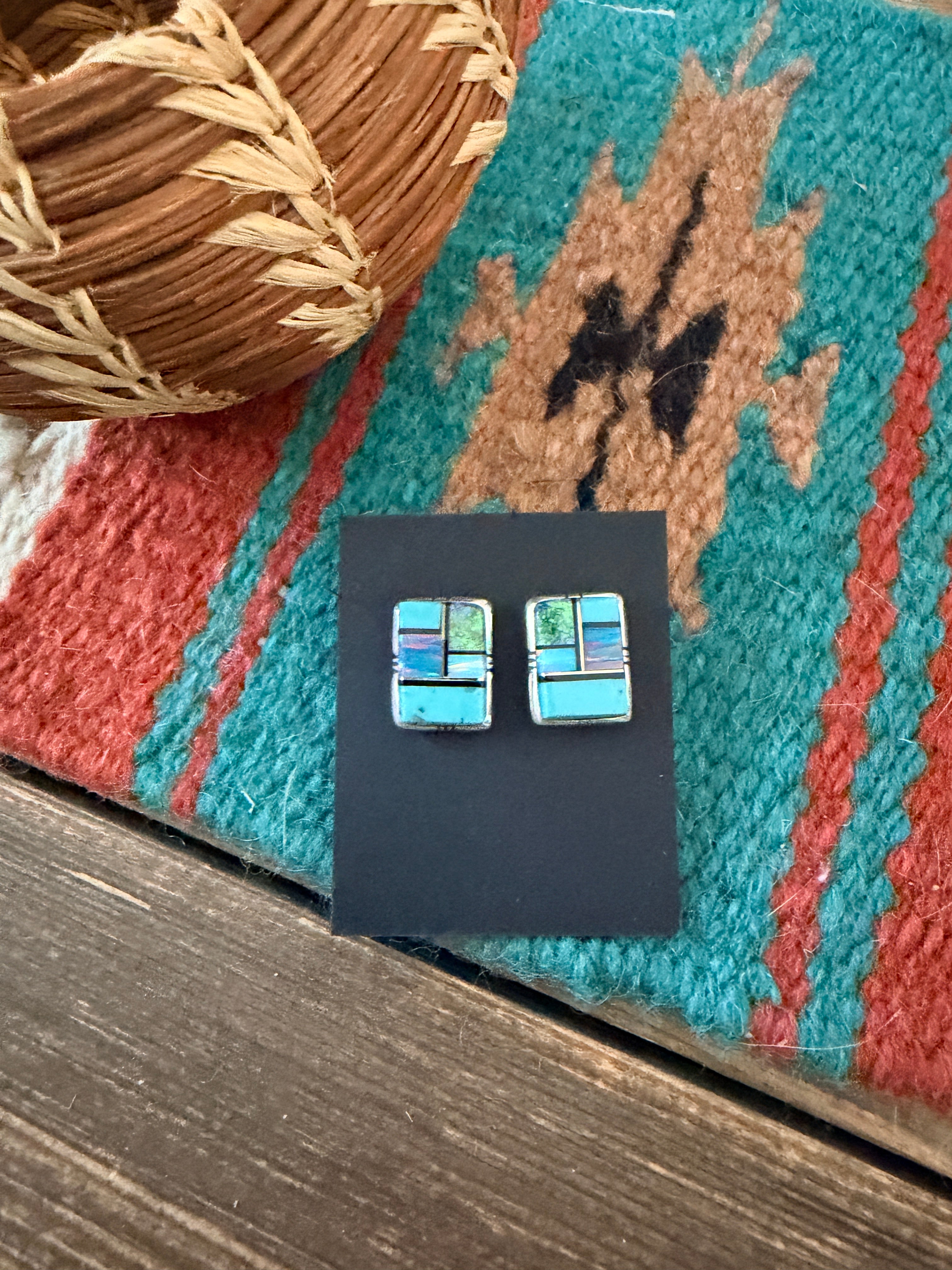 Handcrafted Opal, Turquoise & Sterling Silver Inlay Post Earrings (Copy)