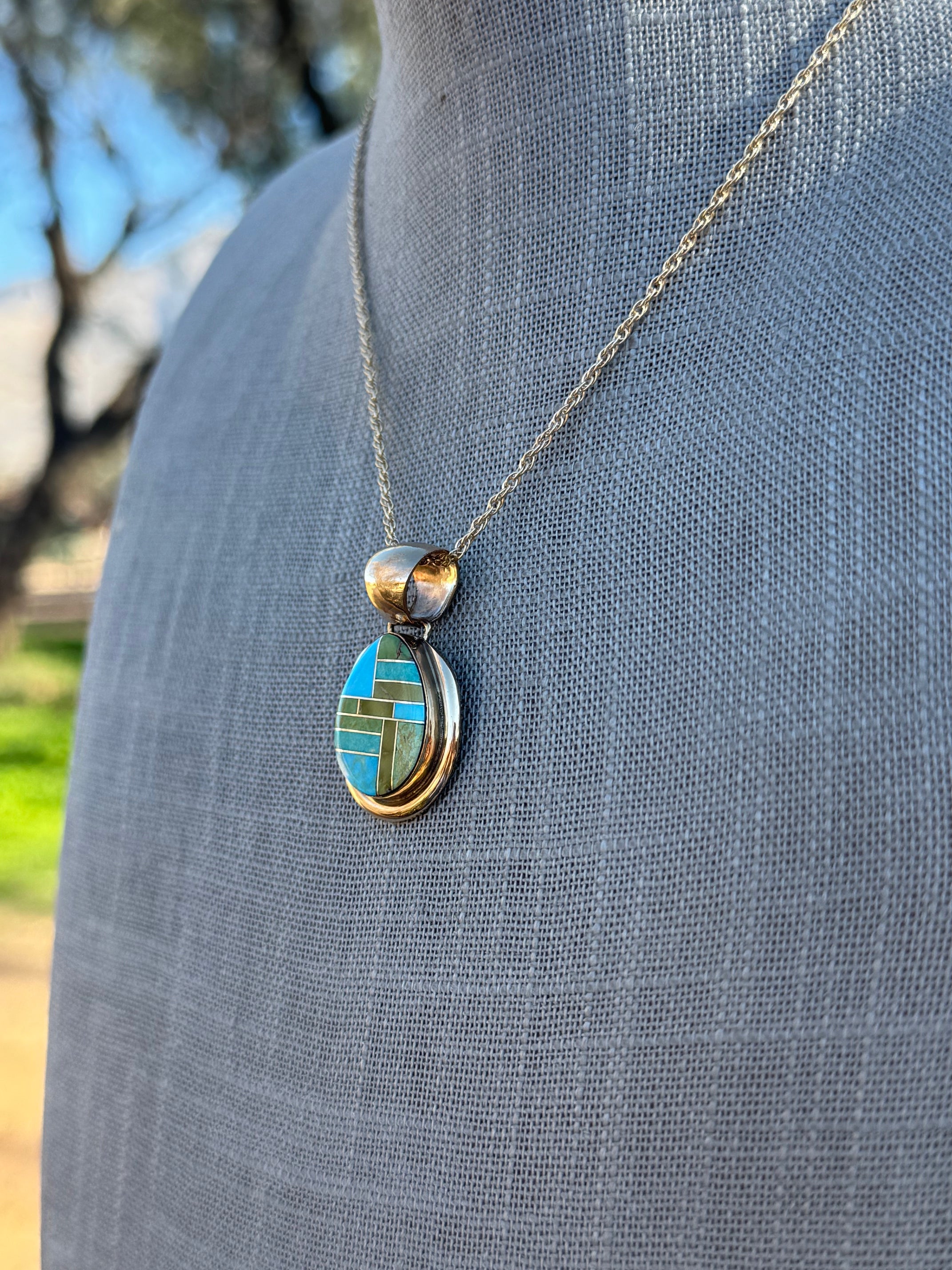 Handmade Gold Filled Over Sterling Silver & Sonoran Mountain Turquoise Inlay Pendant Necklace