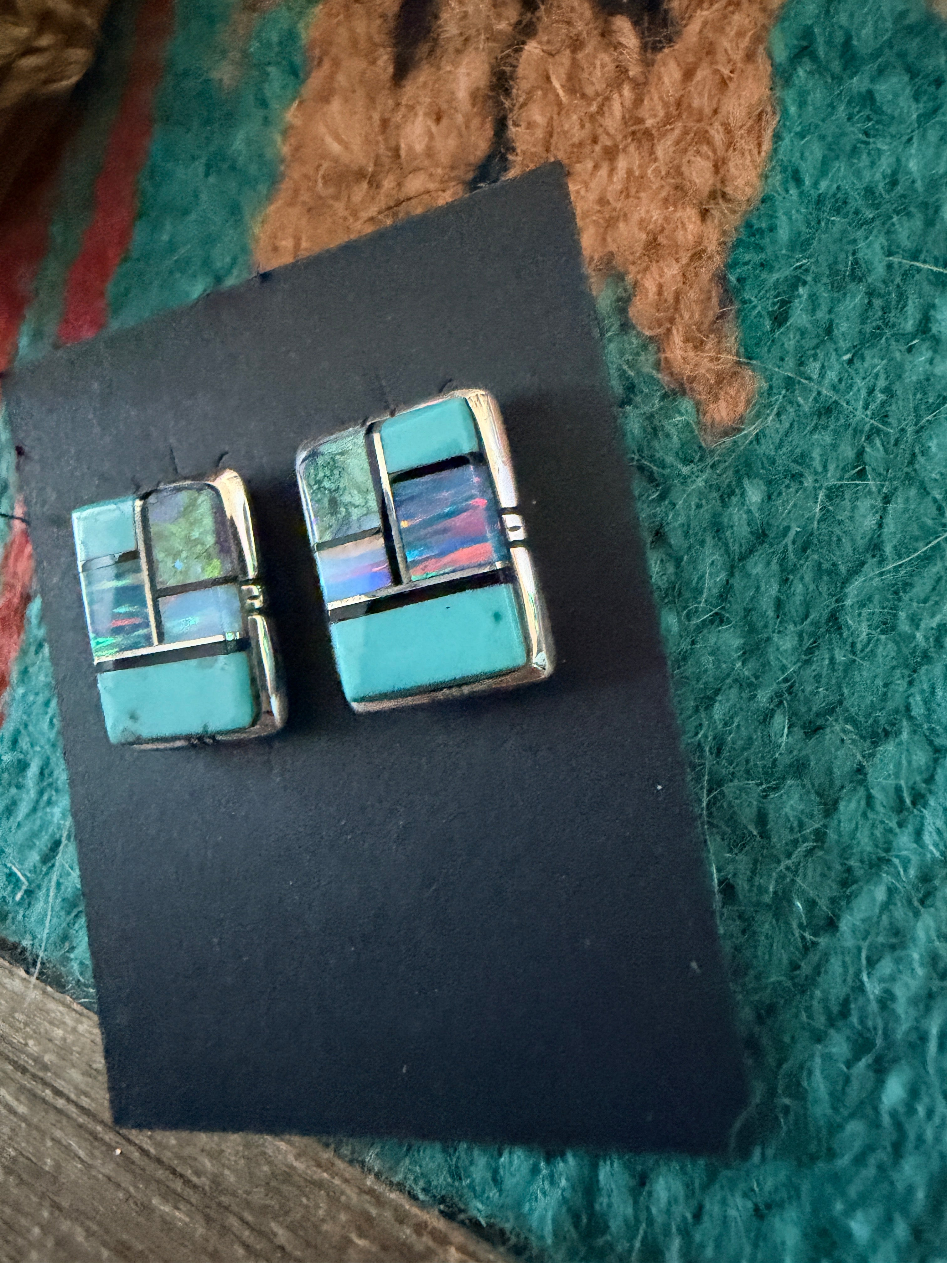 Handcrafted Opal, Turquoise & Sterling Silver Inlay Post Earrings (Copy)