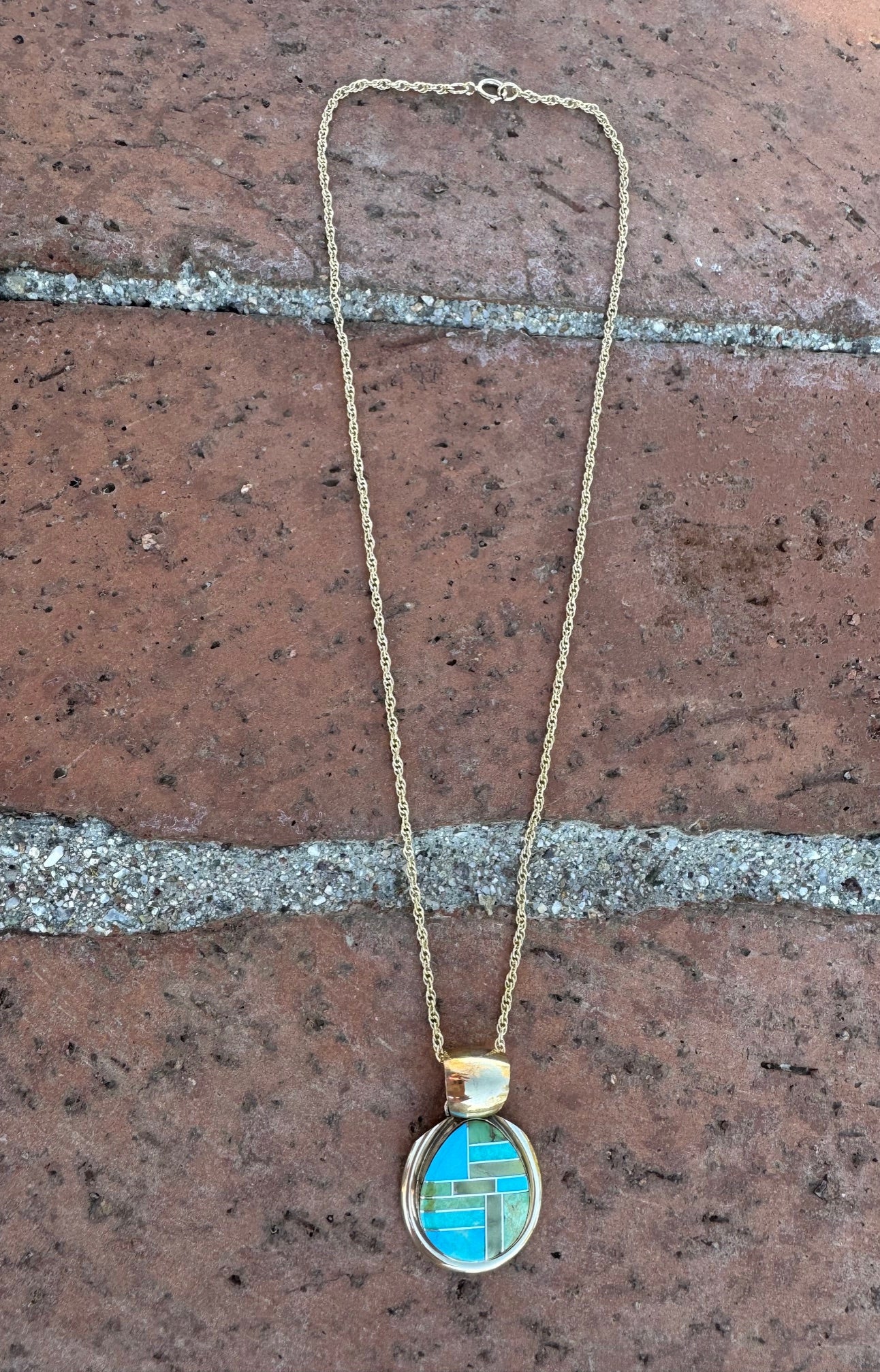Handmade Gold Filled Over Sterling Silver & Sonoran Mountain Turquoise Inlay Pendant Necklace