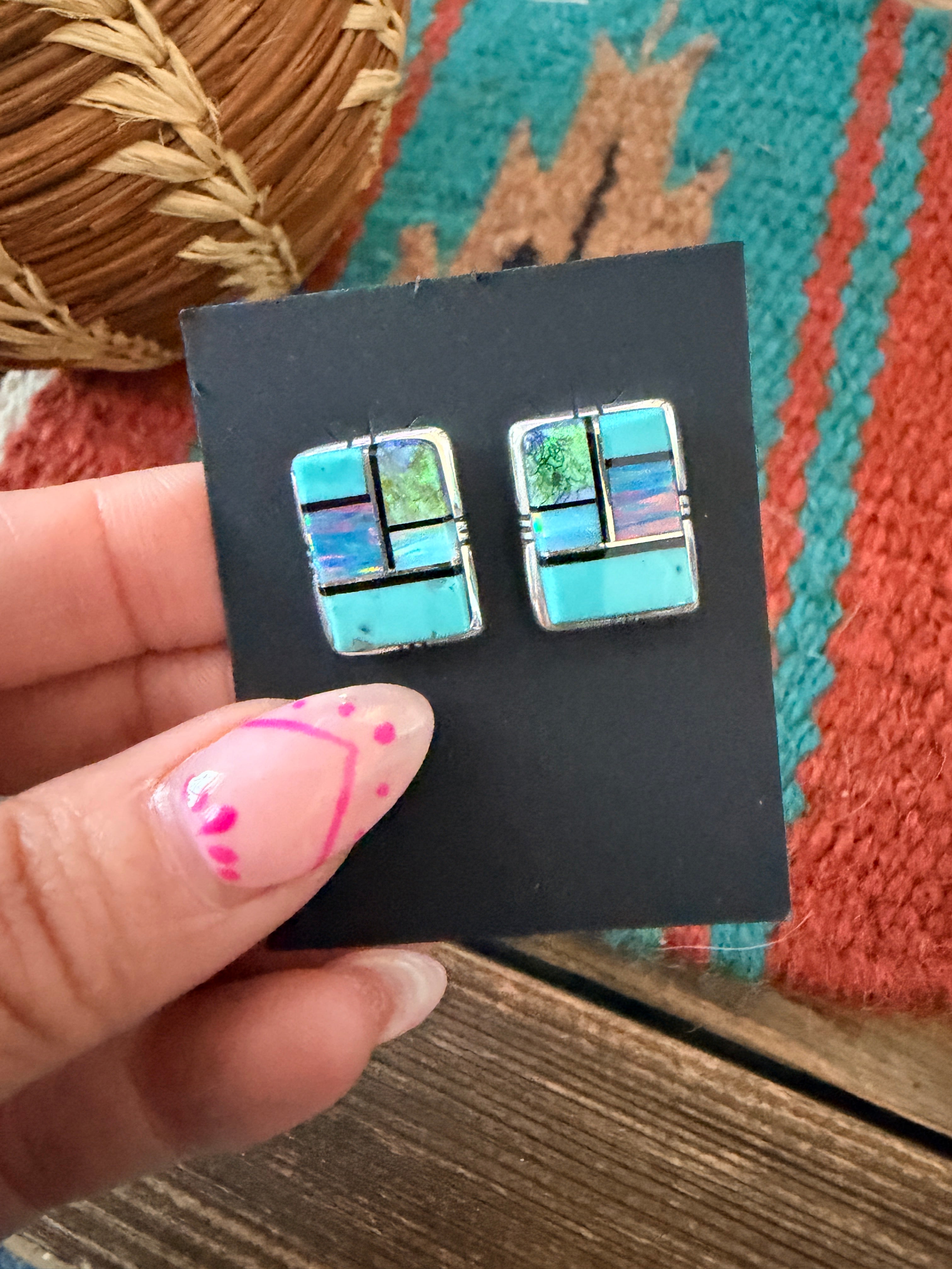 Handcrafted Opal, Turquoise & Sterling Silver Inlay Post Earrings (Copy)