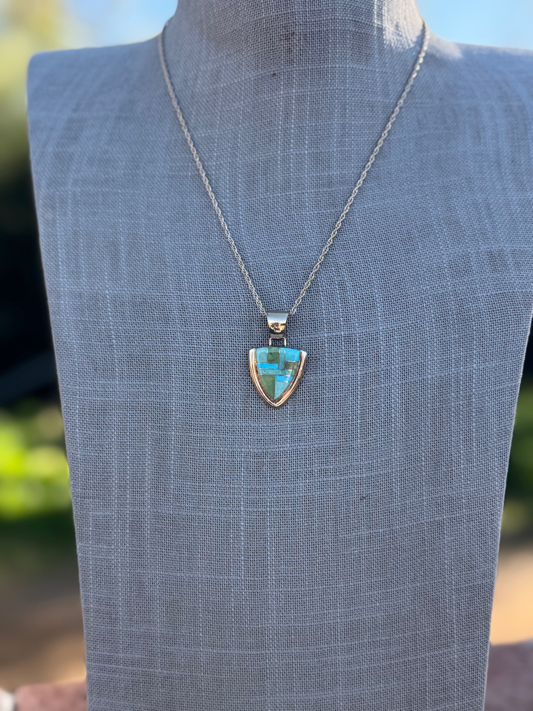 Handmade Gold Filled Over Sterling Silver & Sonoran Mountain Turquoise Inlay Pendant Necklace 18"