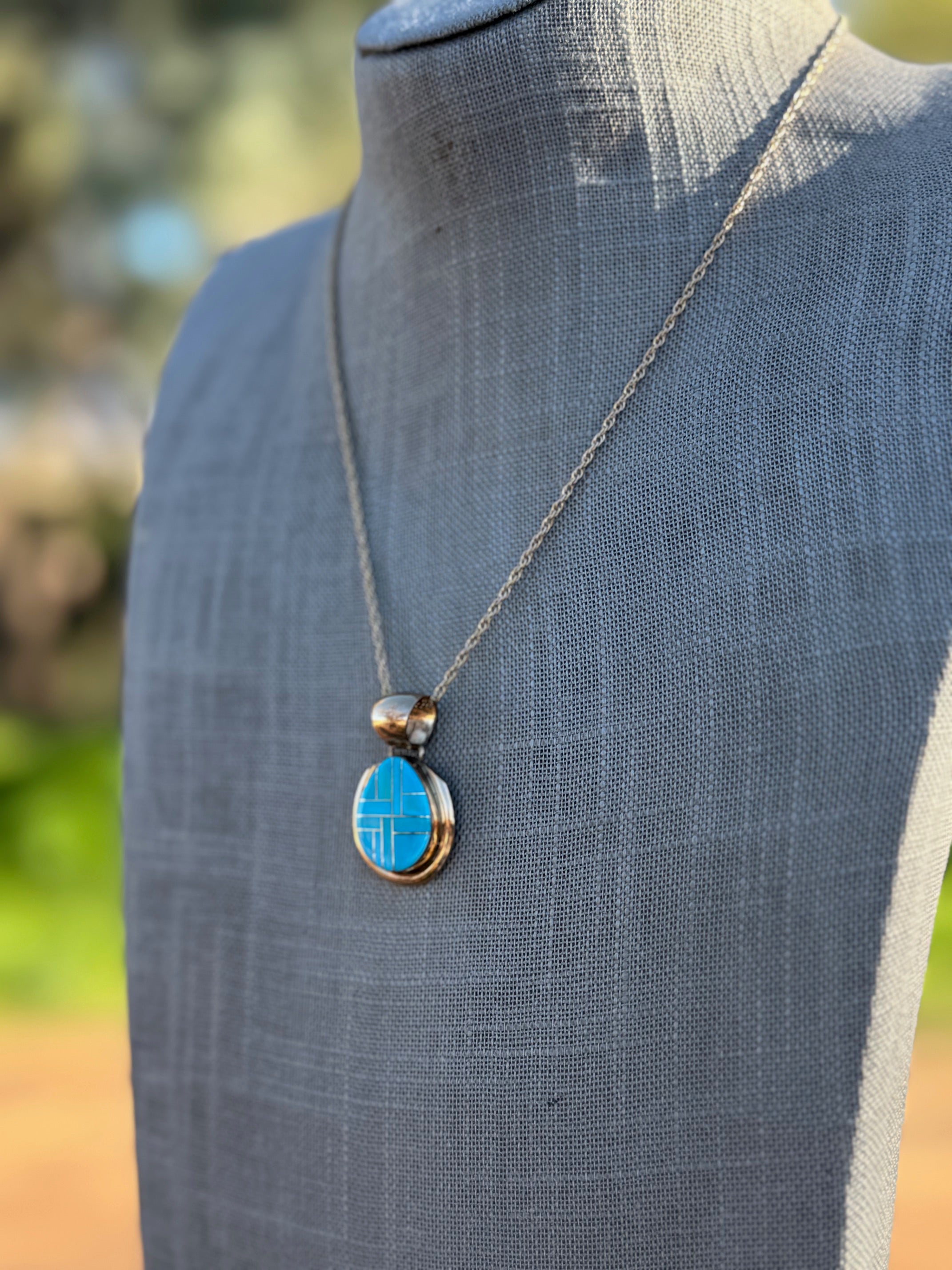 Handmade Gold Filled Over Sterling Silver & Turquoise Inlay Pendant Necklace