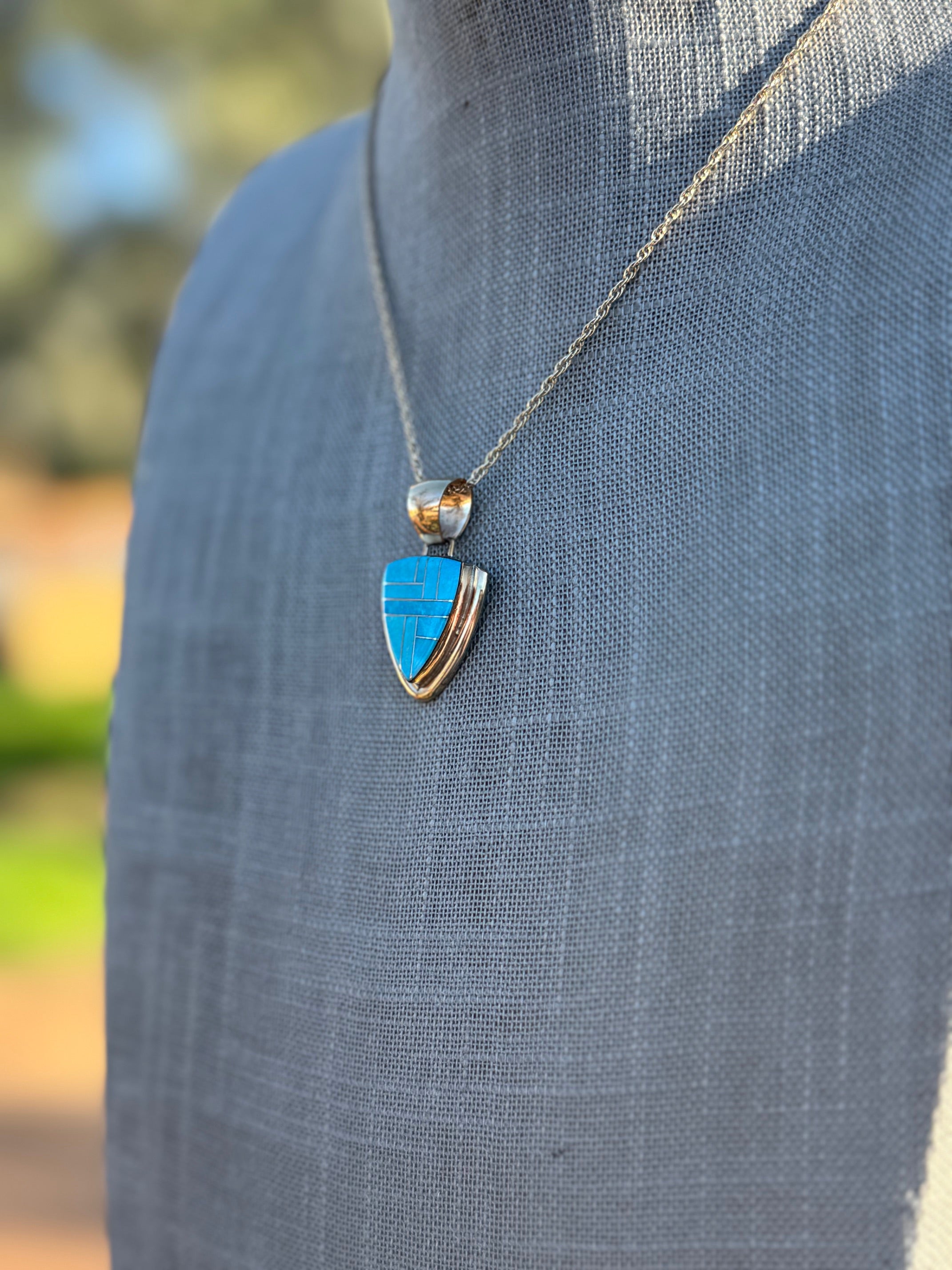 Handmade Gold Filled Over Sterling Silver & Turquoise Inlay Pendant Necklace