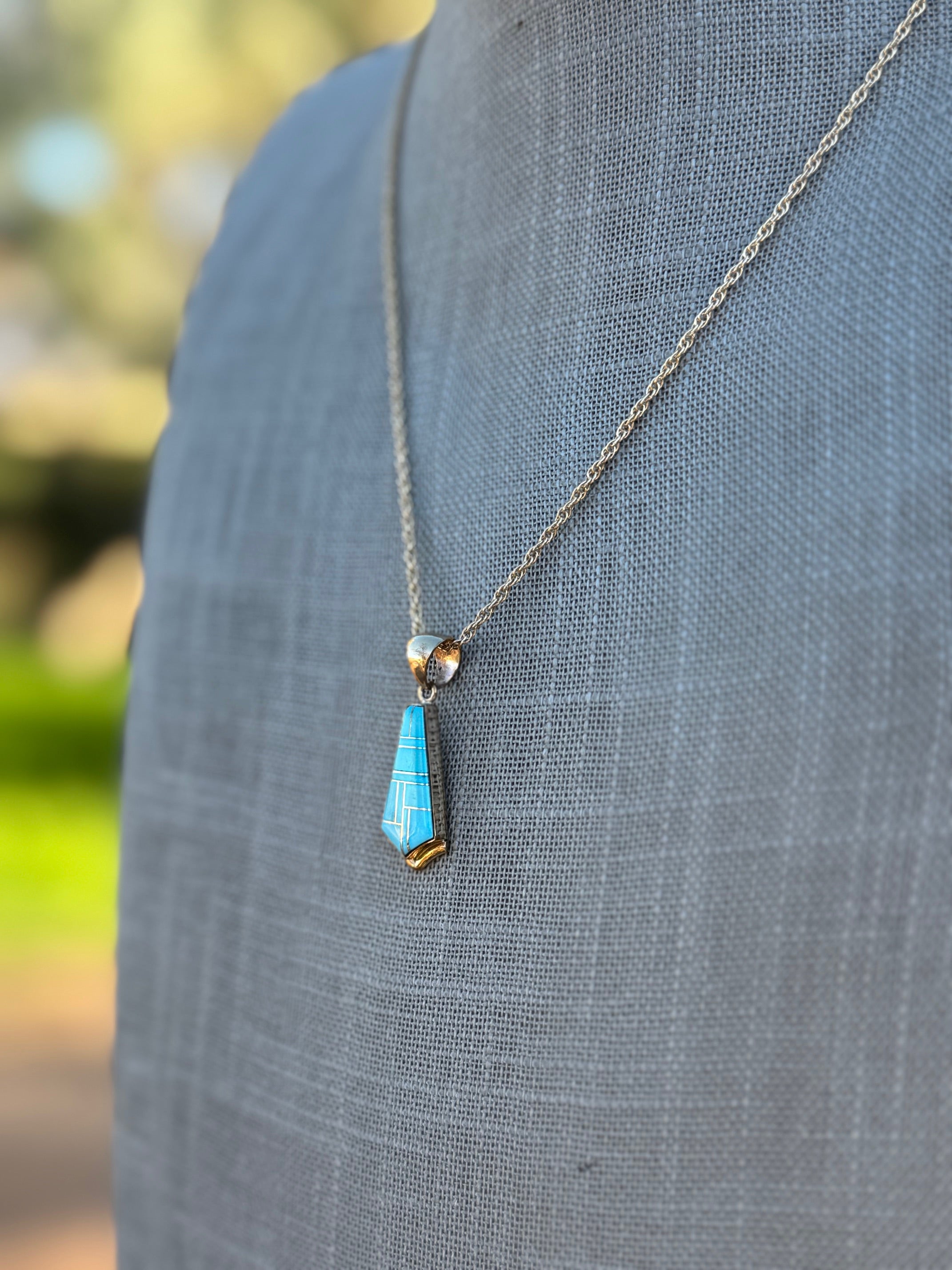 Handmade Gold Filled Over Sterling Silver & Turquoise Inlay Pendant Necklace