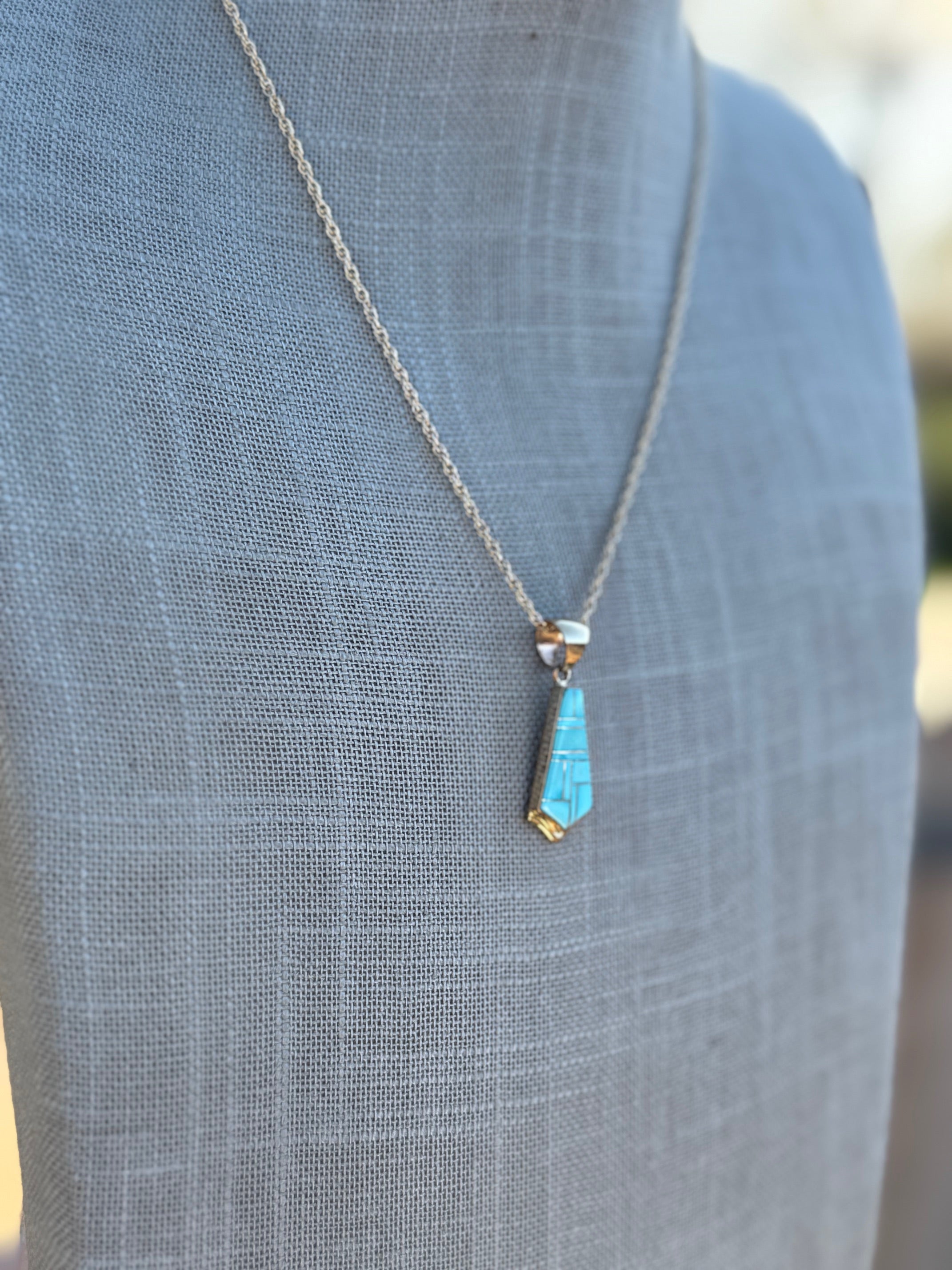 Handmade Gold Filled Over Sterling Silver & Turquoise Inlay Pendant Necklace
