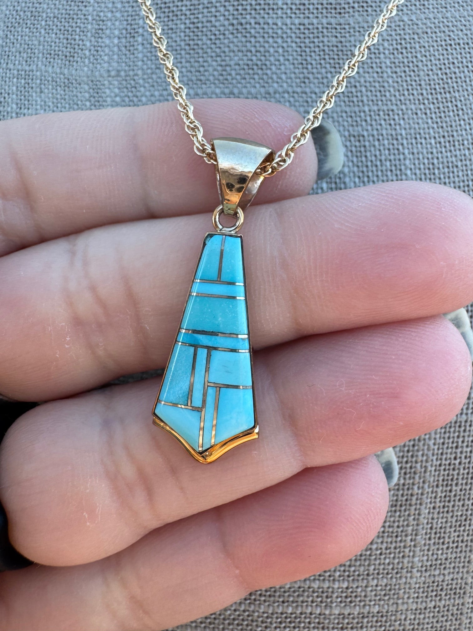 Handmade Gold Filled Over Sterling Silver & Turquoise Inlay Pendant Necklace
