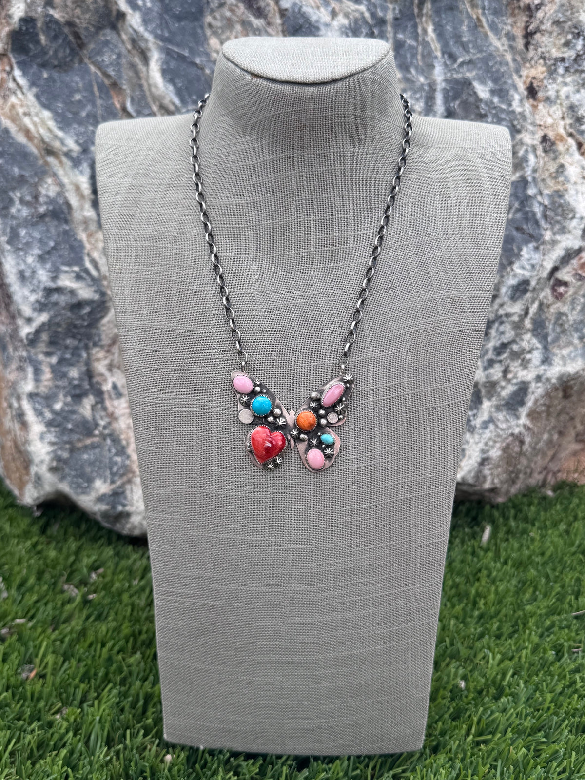 Handmade Sterling Silver & Multi Stone Butterfly 19.75" Necklace by Roaming Buffalo