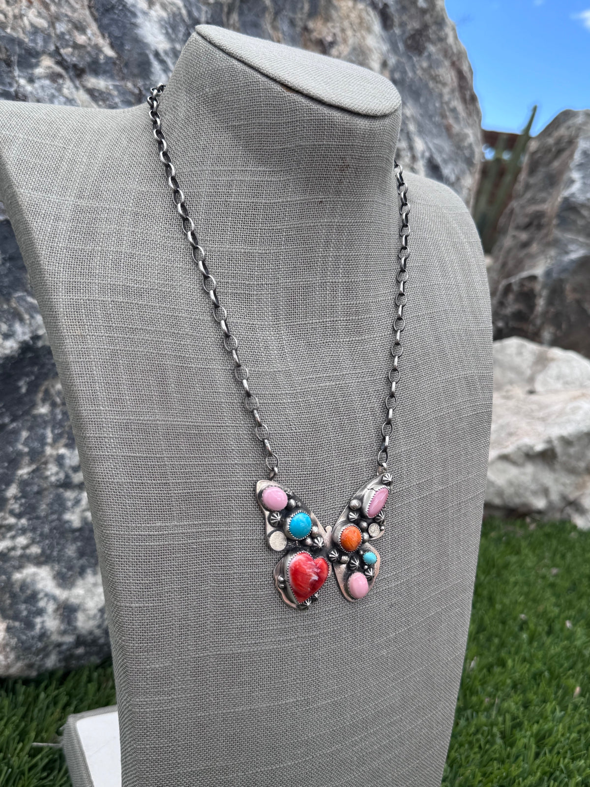 Handmade Sterling Silver & Multi Stone Butterfly 19.75" Necklace by Roaming Buffalo