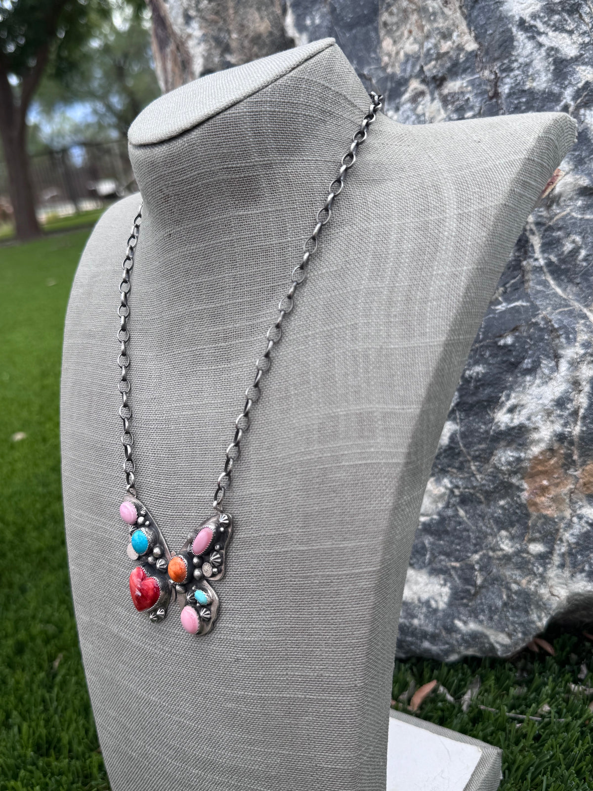 Handmade Sterling Silver & Multi Stone Butterfly 19.75" Necklace by Roaming Buffalo