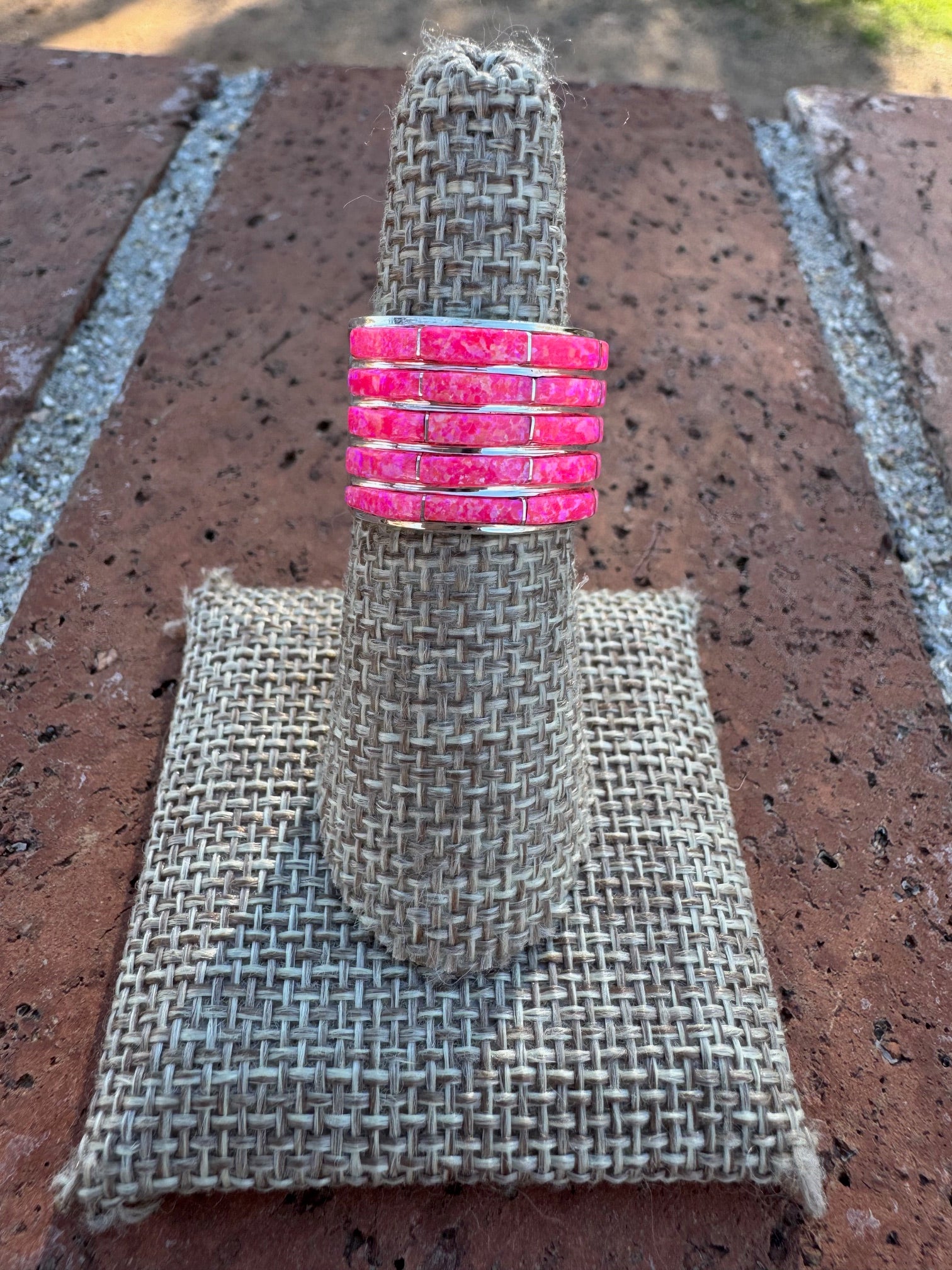 Handcrafted Sterling Silver & Pink Opal Inlay 5 Row Stacker Ring