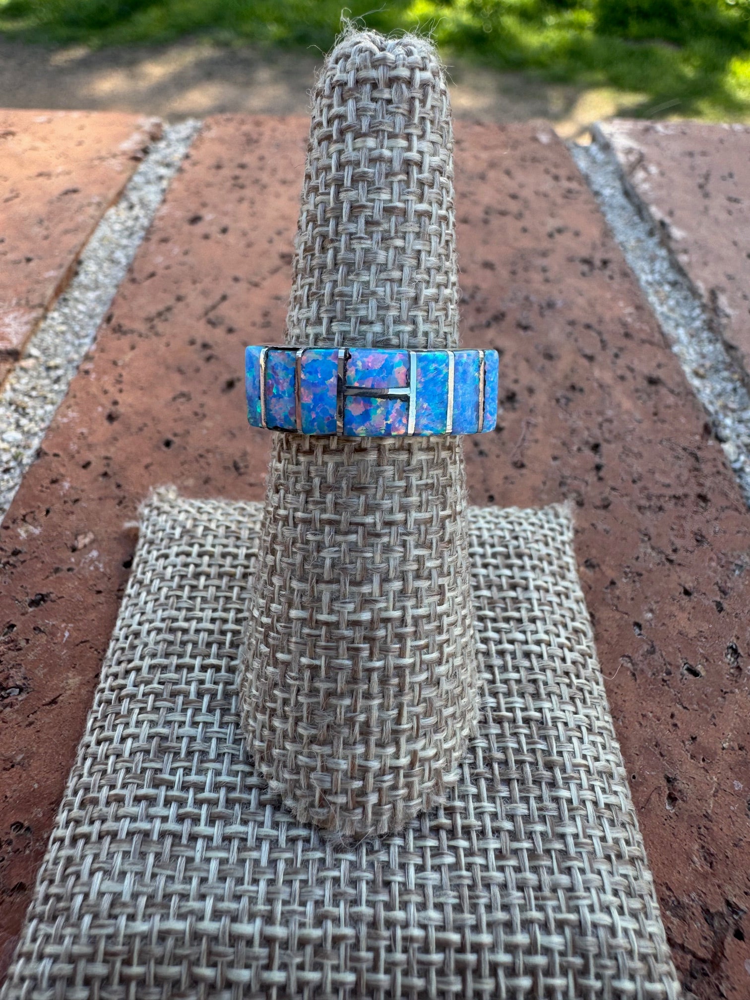 Handcrafted Sterling Silver & Blue Fire Opal Inlay Band Ring