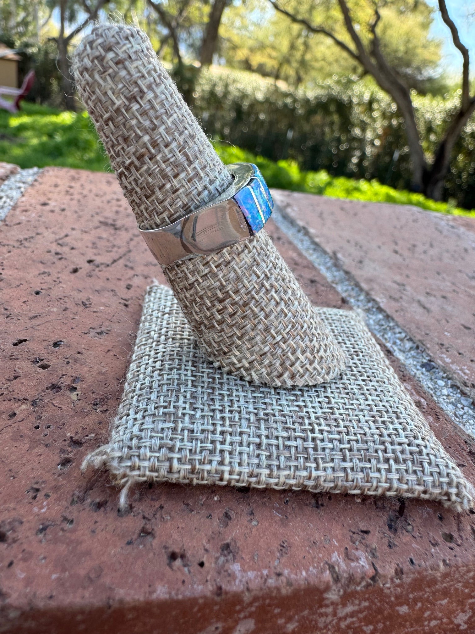 Handcrafted Sterling Silver & Blue Fire Opal Inlay Band Ring