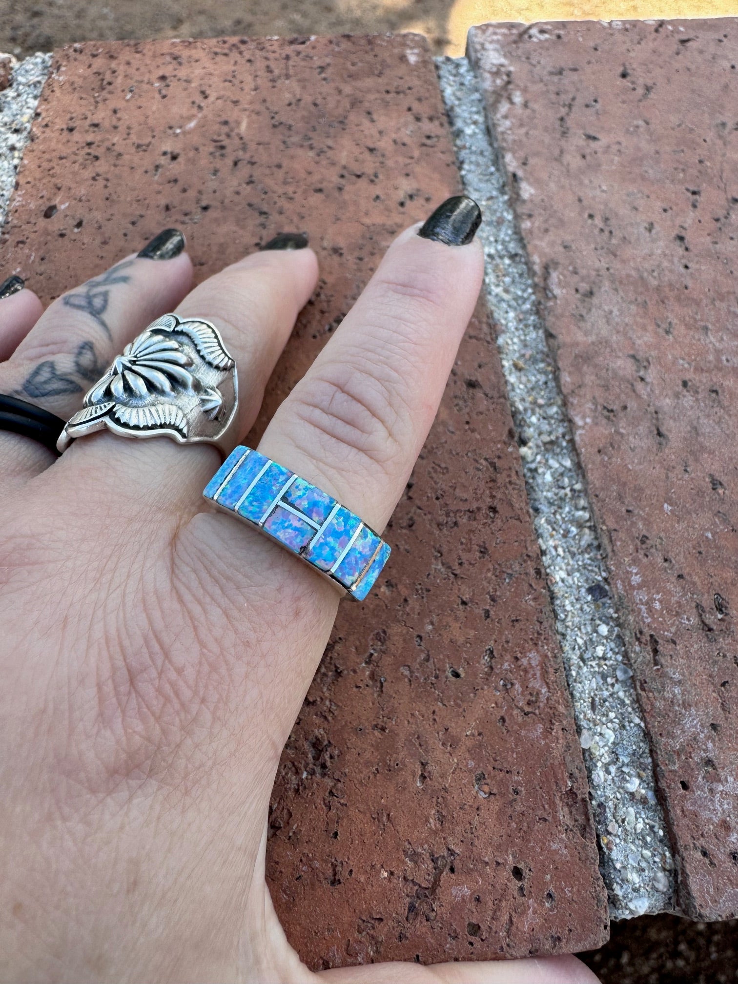 Handcrafted Sterling Silver & Blue Fire Opal Inlay Band Ring