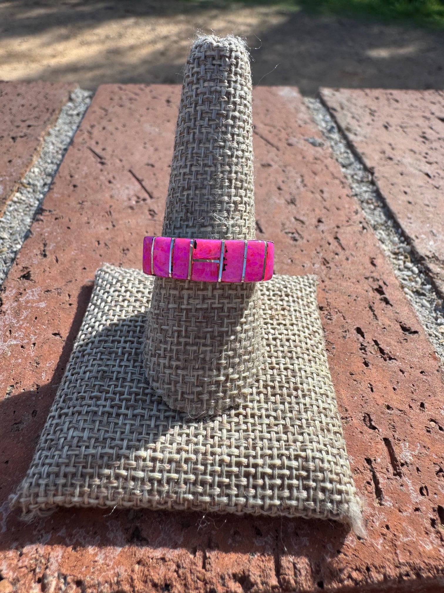 Handcrafted Sterling Silver & Hot Pink Fire Opal Inlay Band Ring